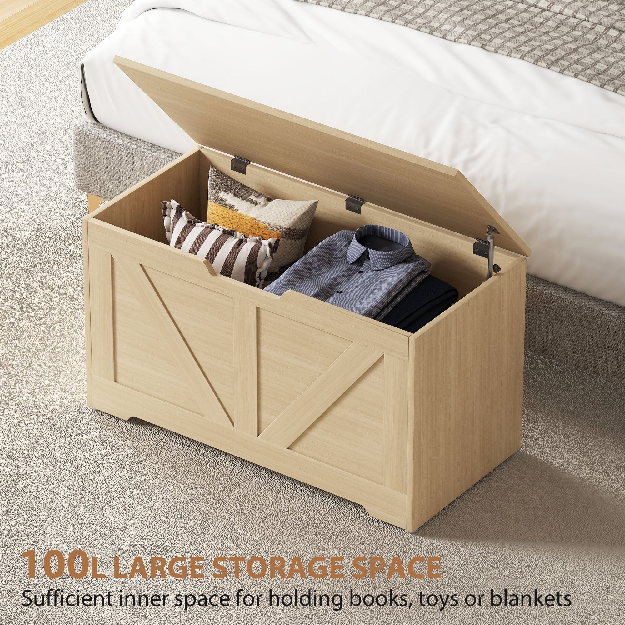 HOMCOM 100L Home Storage Box, with Safety Hinges - Natural Wood Finish