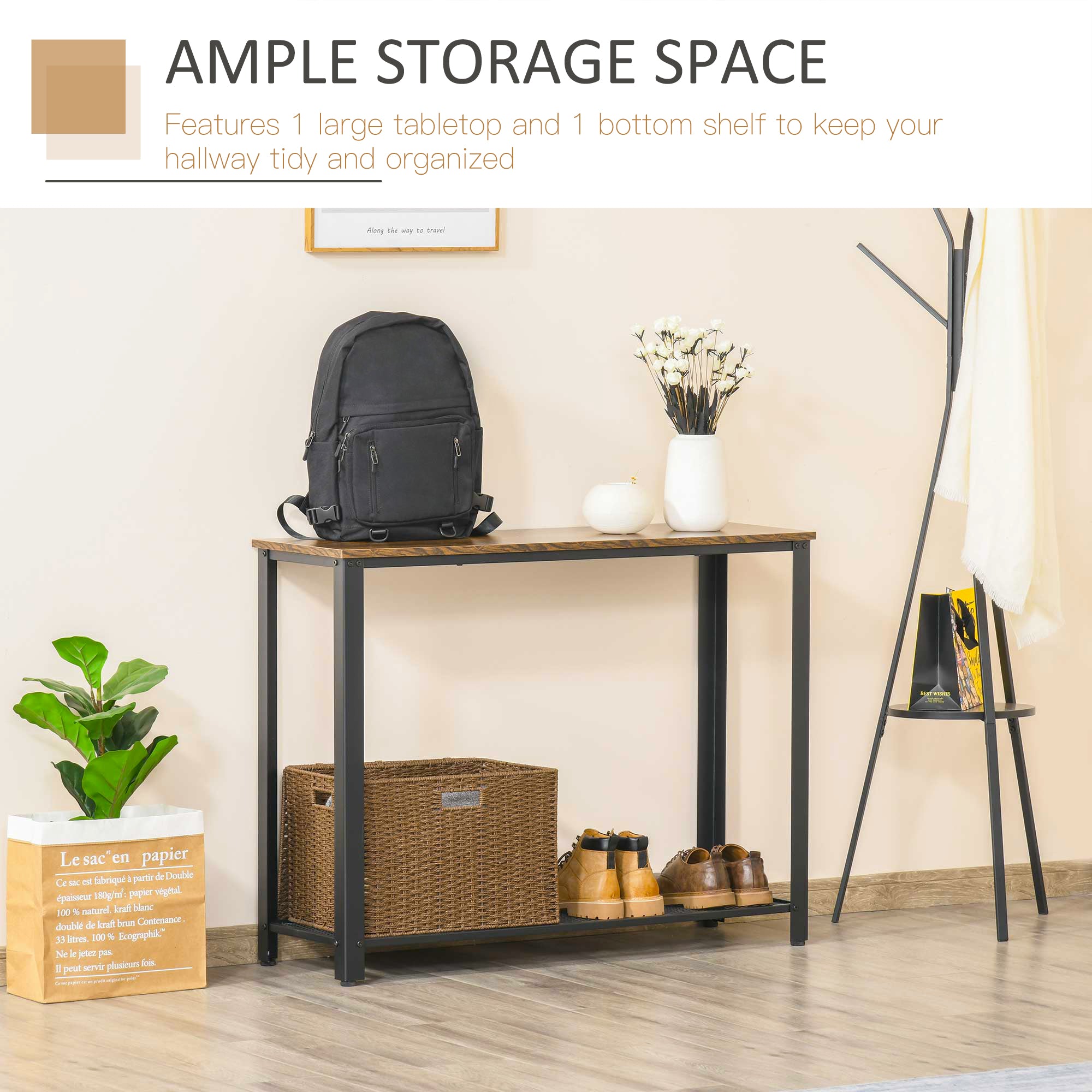 HOMCOM Industrial Console Table,Entryway Table w/Bottom Mesh Shelf Metal Frame Vintage Sofa Table for Hallway, Living Room, Rustic Brown