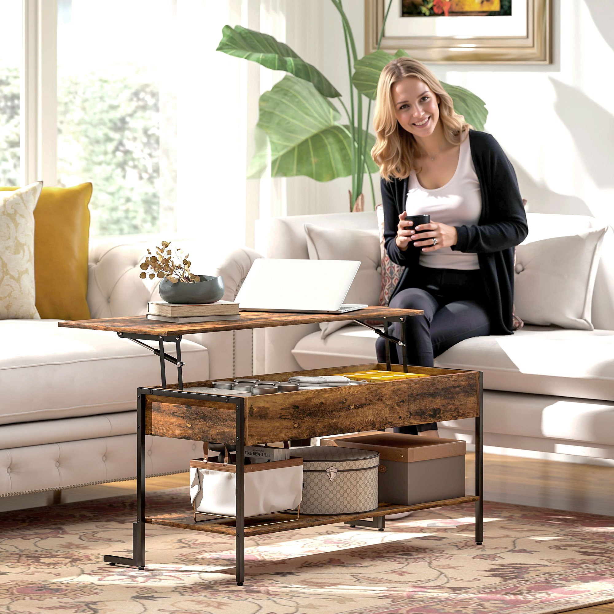HOMCOM Lift-Top Coffee Table, with Storage - Rustic Brown