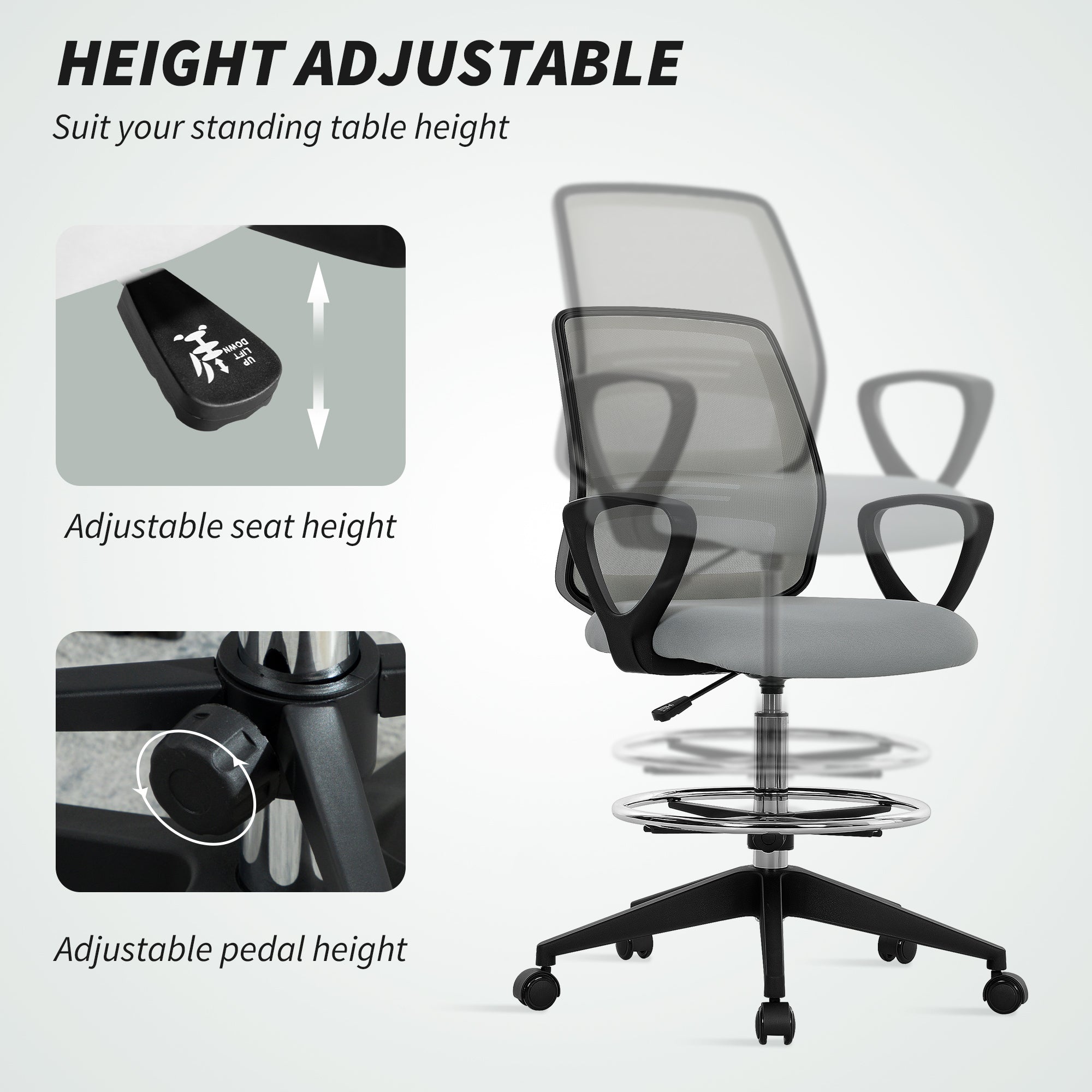 Vinsetto 100-120cm Draughtsman Office Chair, with Footrest - Light Grey