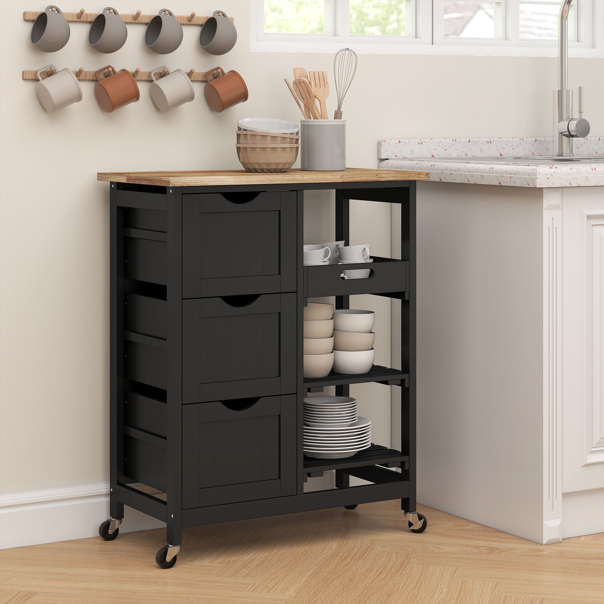 HOMCOM Rolling Kitchen Island Cart, Bar Serving Cart, Compact Trolley on Wheels with Wood Top, Shelves & Drawers for Home Dining Area, Black