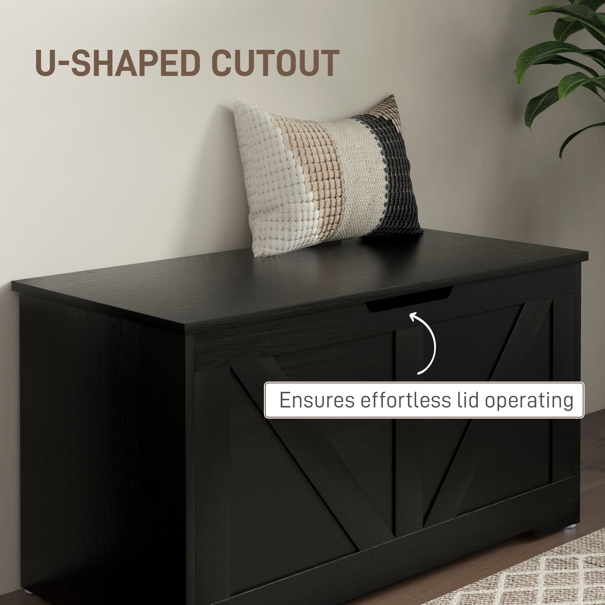 HOMCOM 100L Home Storage Box, with Safety Hinges - Black Wood-Effect