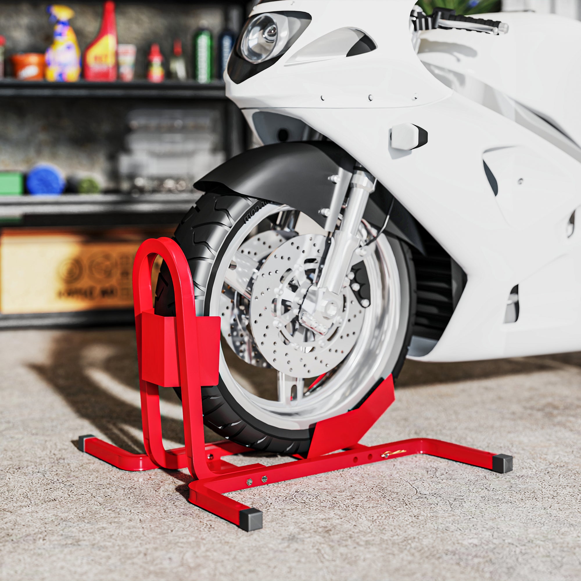 HOMCOM Metal Motorcycle Motorbike Wheel Chock Locking Stand System 17", 19", 21"/43, 48, 51 cm Front Wheels Steel Adjustable Fixing Tyre Holder Support