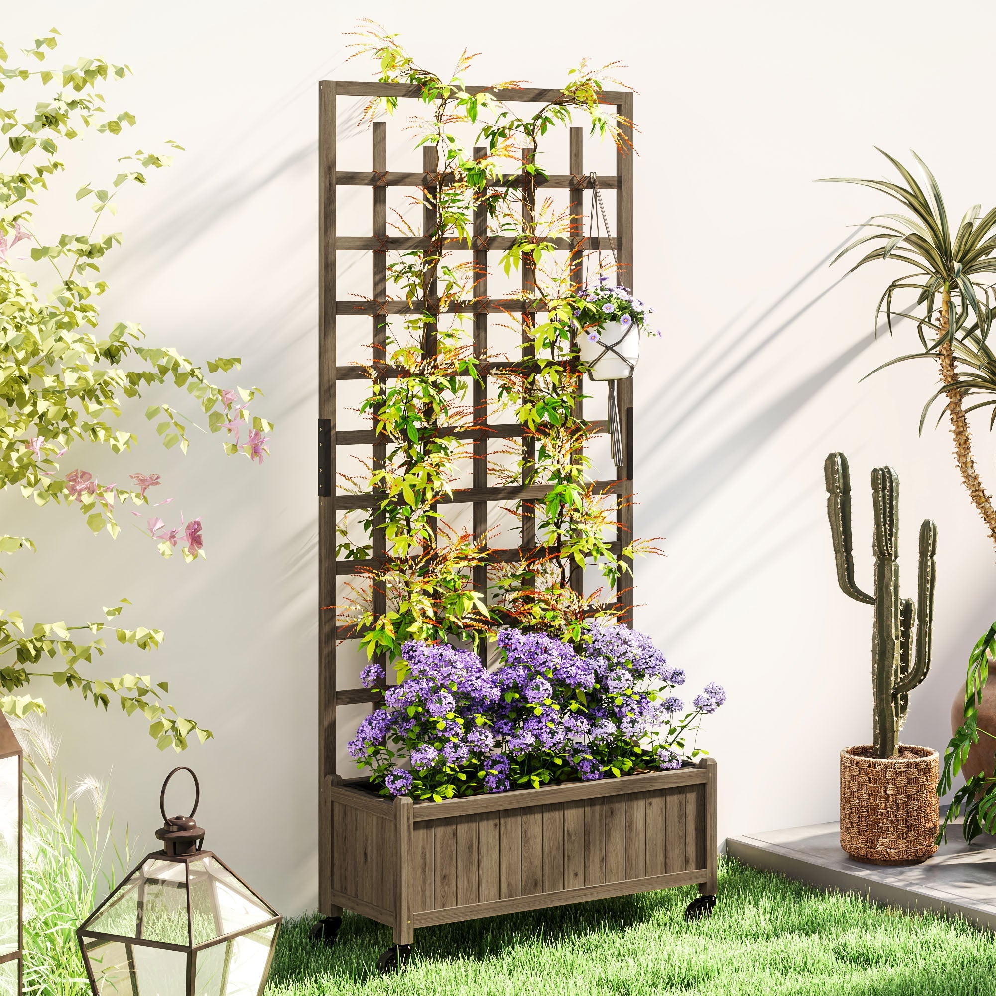 Outsunny Wooden Trellis Planter, Raised Garden Bed with Wheels, to Climb and Grow Vegetables, Herbs and Flowers, Brown