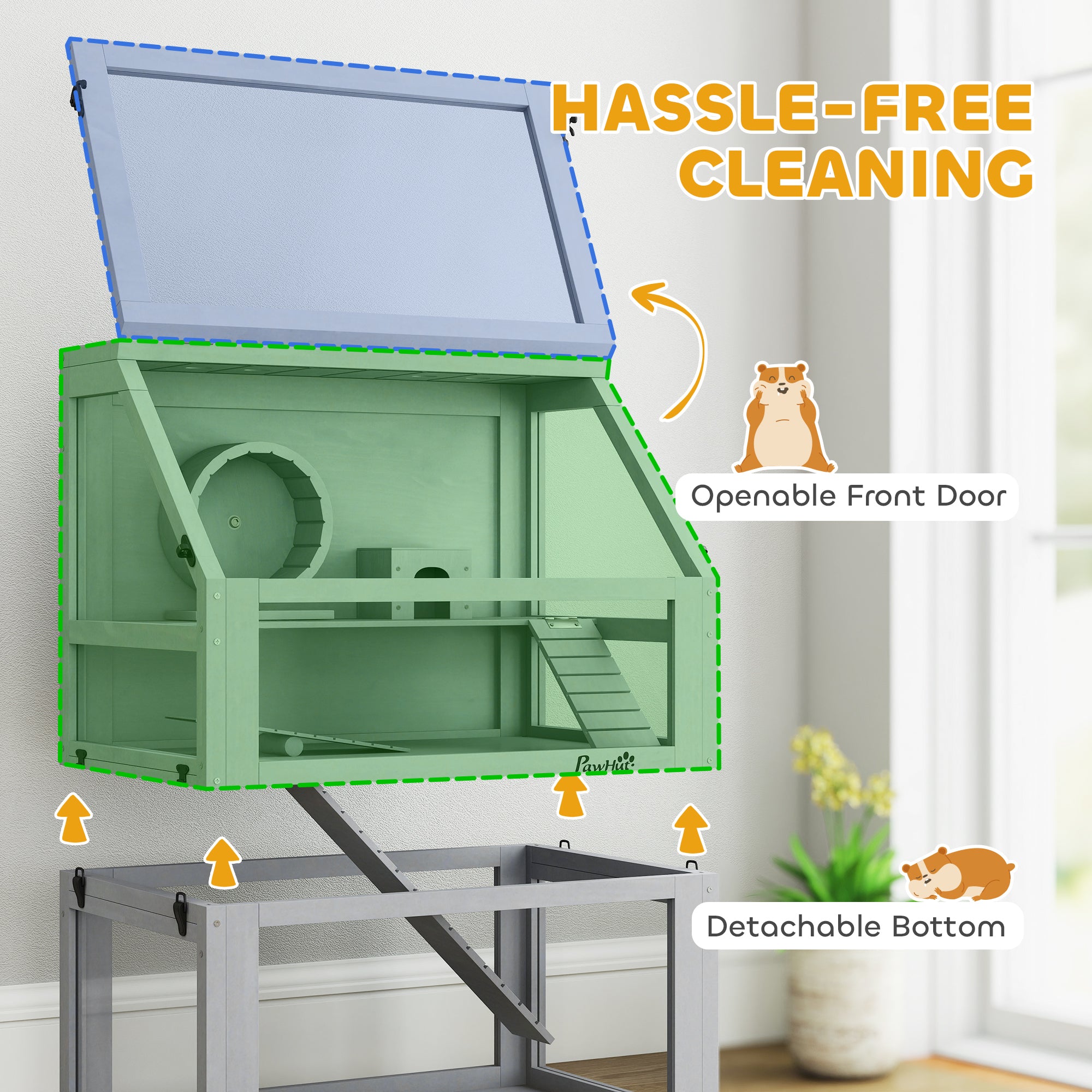 PawHut Wooden Hamster Cage with Detachable 32cm Deep Bottom, Hut, Seesaw, Exercise Wheel, Ramp, 60 x 40 x 75cm, Light Grey