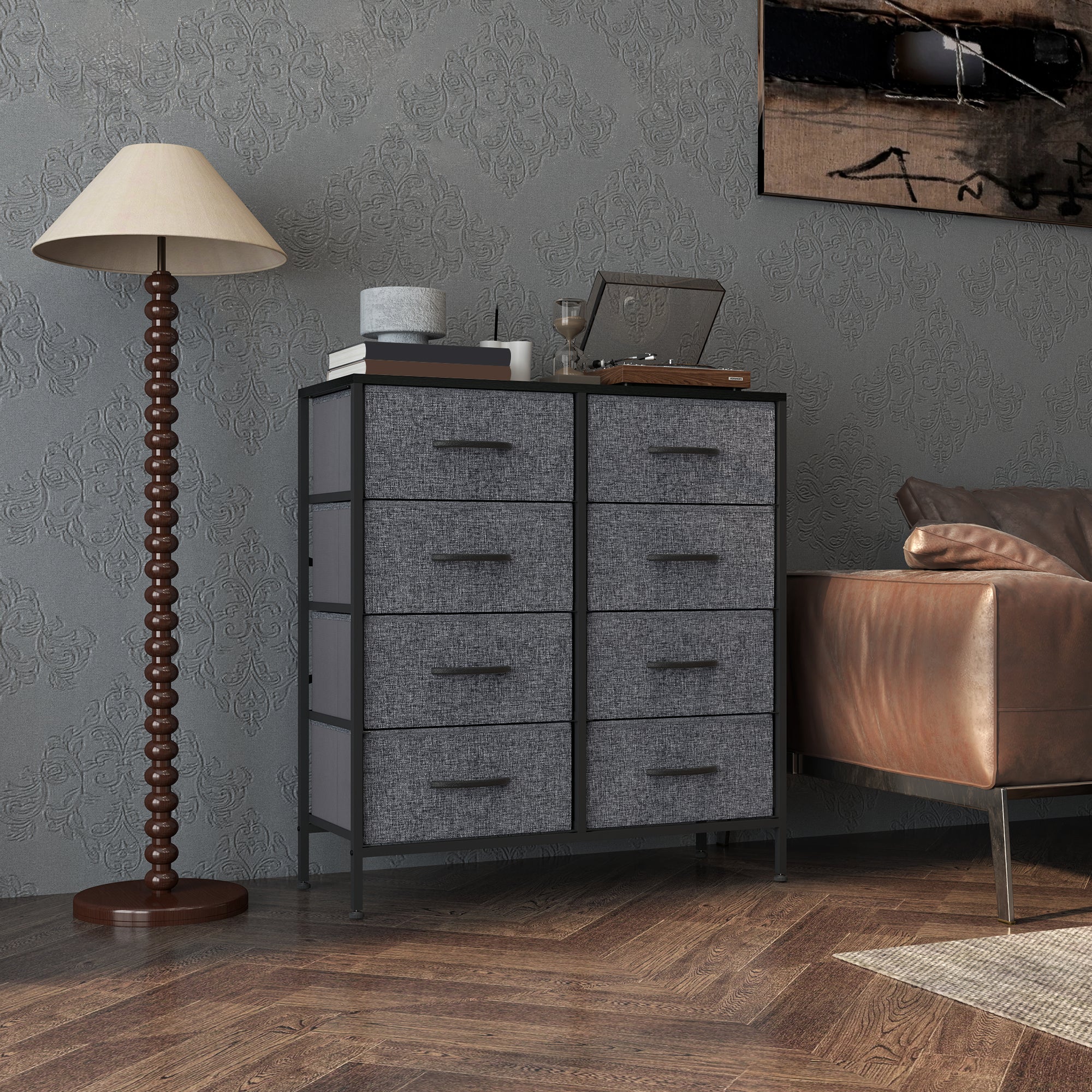 HOMCOM Fabric Chest of Drawers, Storage Drawers, Industrial Bedroom Dresser with 8 Fabric Drawers, Steel Frame and Wooden Top for Nursery, Living Room, Hallway, Black