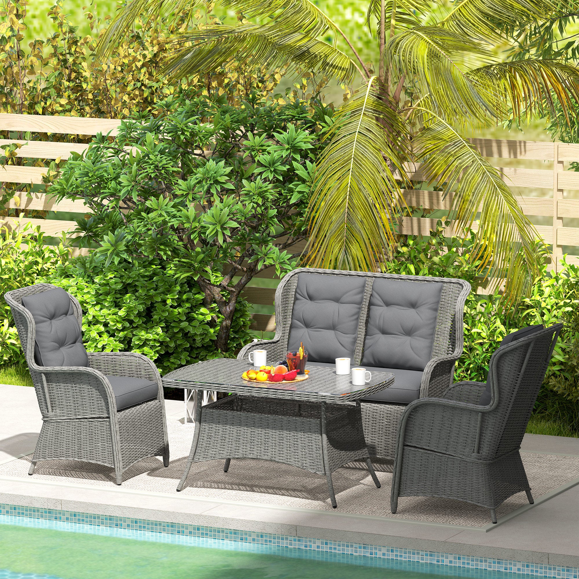 Outsunny Garden PE Rattan Dining Sofa Set, Outdoor 4 Seater Wicker Furniture, High Back Chairs with Cushions, Tempered Glass Coffee Table for Patio, Light Grey