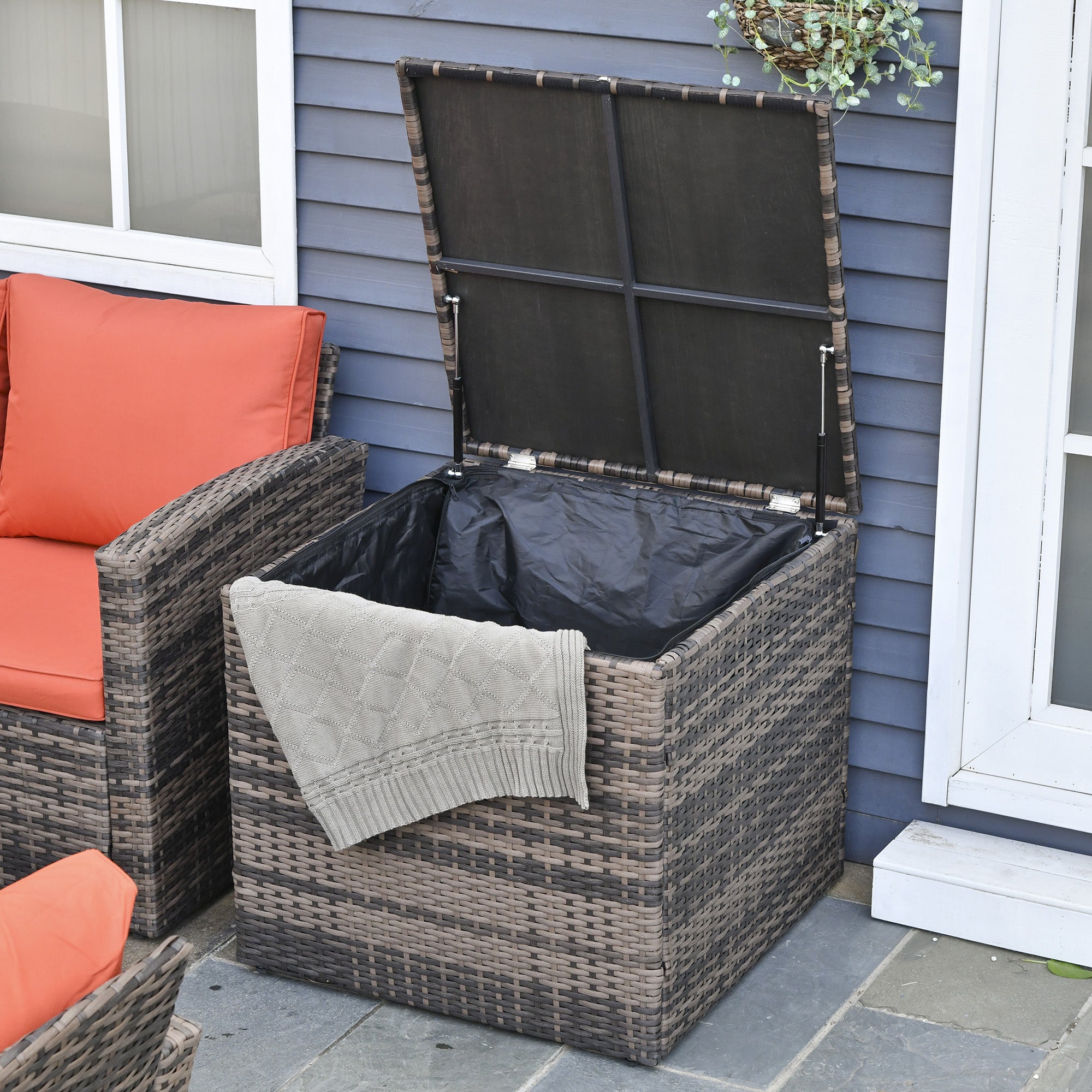 Outsunny 6 Pieces Rattan Garden Furniture Set, 7 Seater Wicker Outdoor Furniture Set with Storage Tea Table & Side Table, Sectional Garden Sofa Set with Cushions, Orange
