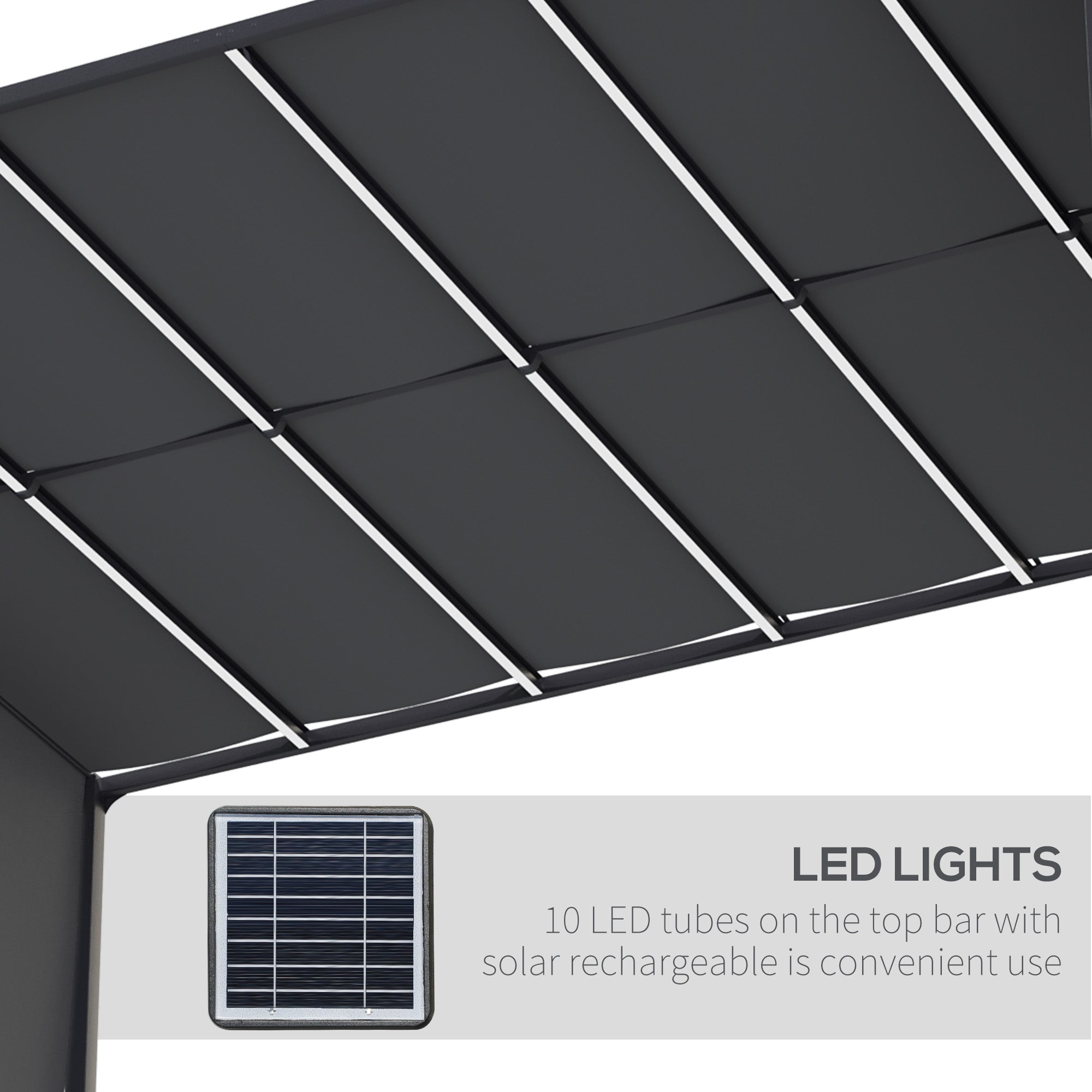 Outsunny 3(m) x 4m Metal Pergola with LED Lights, Outdoor Garden Pergola with Sliding Roof, Solar Powered, for BBQ,\'c2\'a0Lawn, Dark Grey