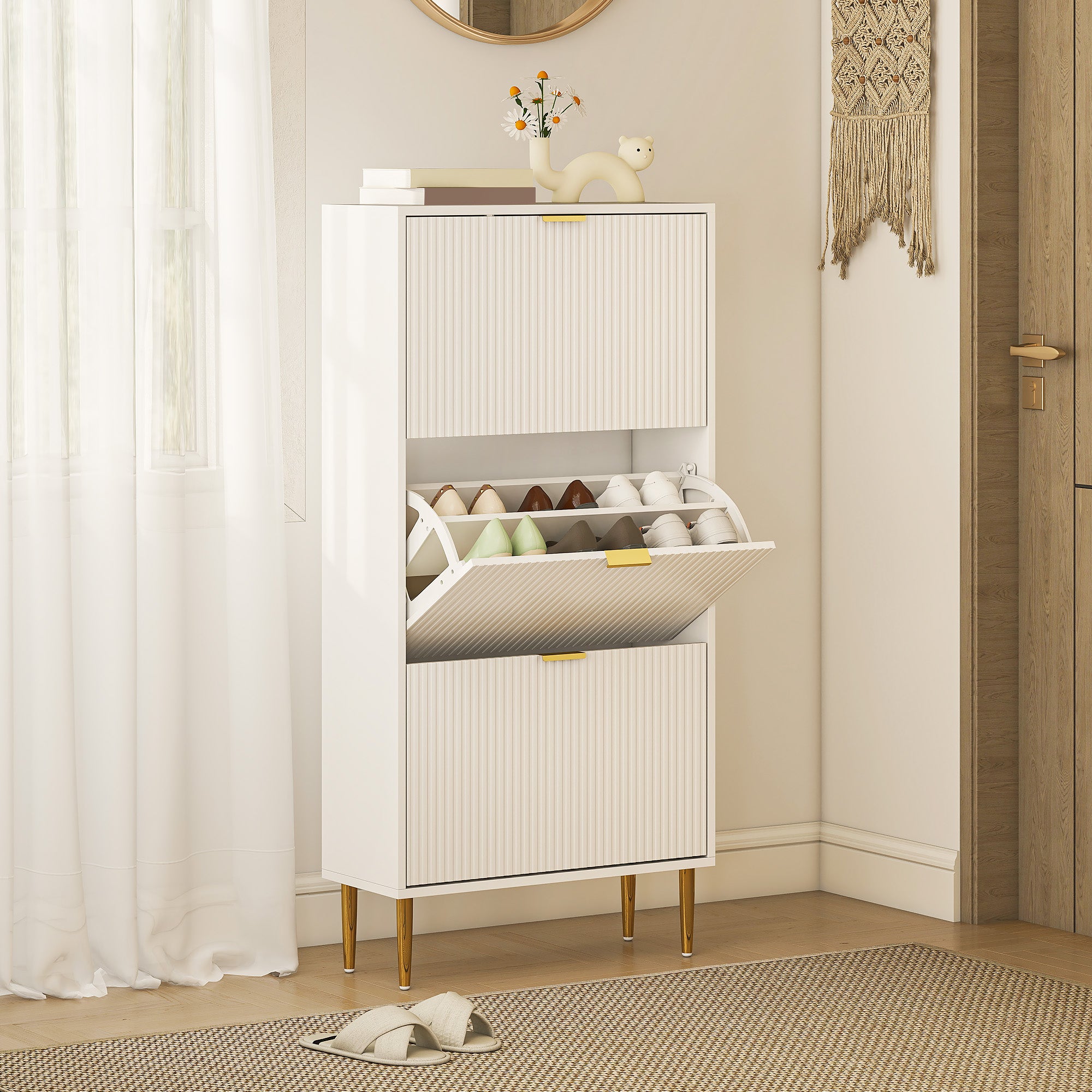 HOMCOM Narrow Shoe Cabinet with 3 Flip Drawers - White