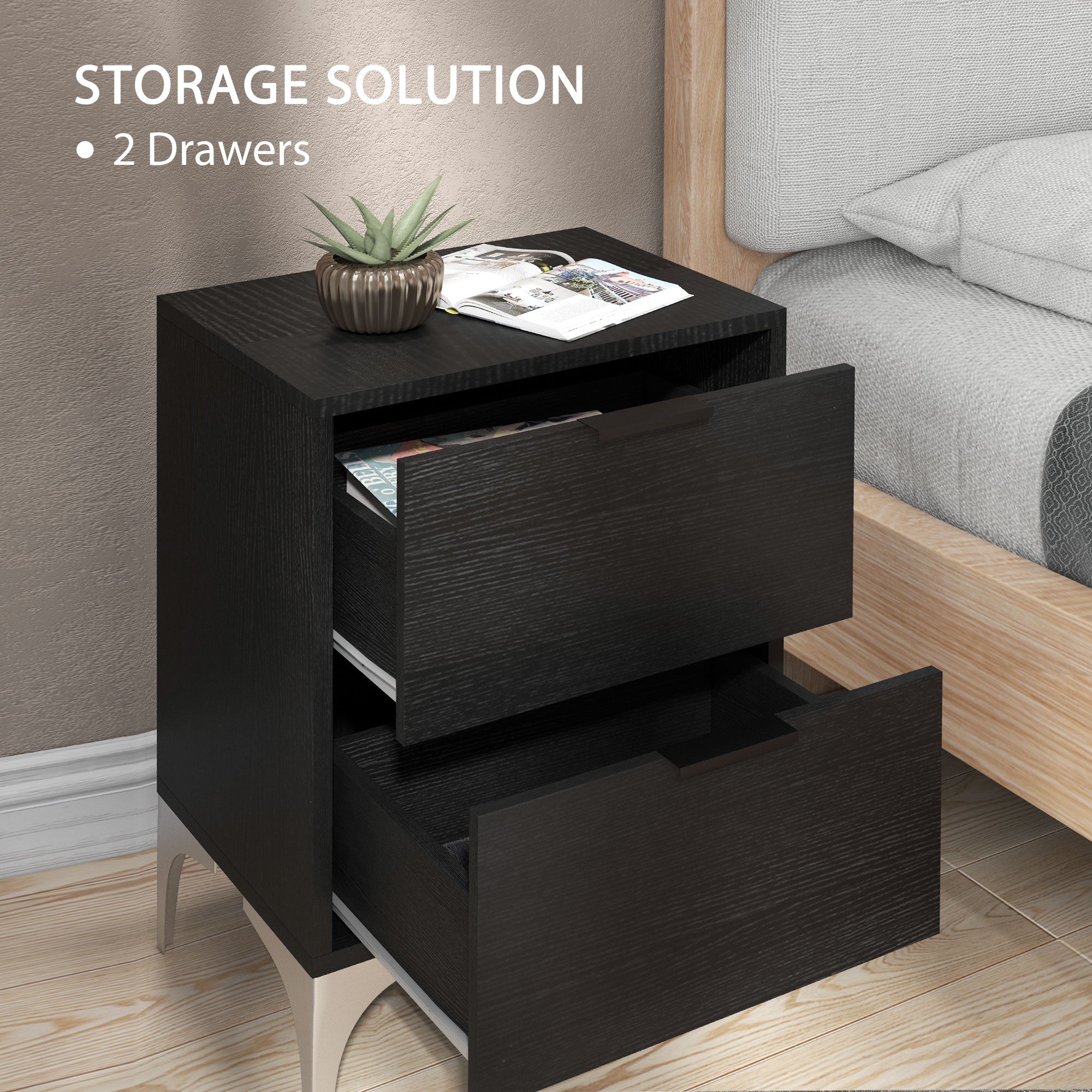 HOMCOM Set of Two Wood Effect Bedside Tables with Silver Steel Base, Black