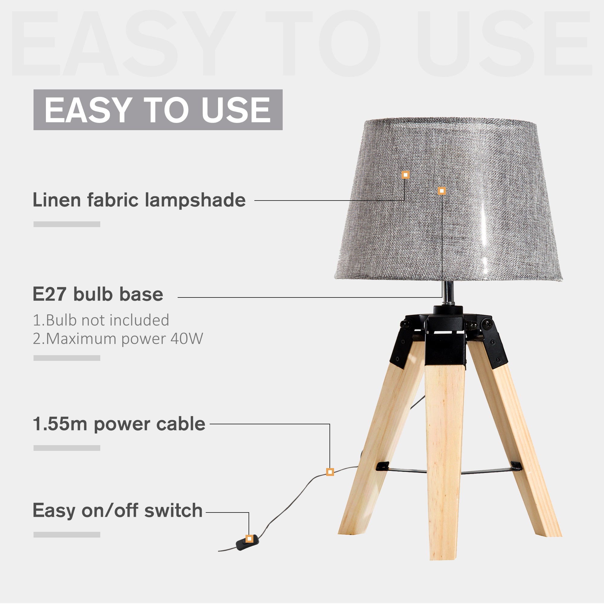 HOMCOM Wooden Tripod Table Lamp for Side, Desk or End Table with E27 Bulb Base(Grey Shade)