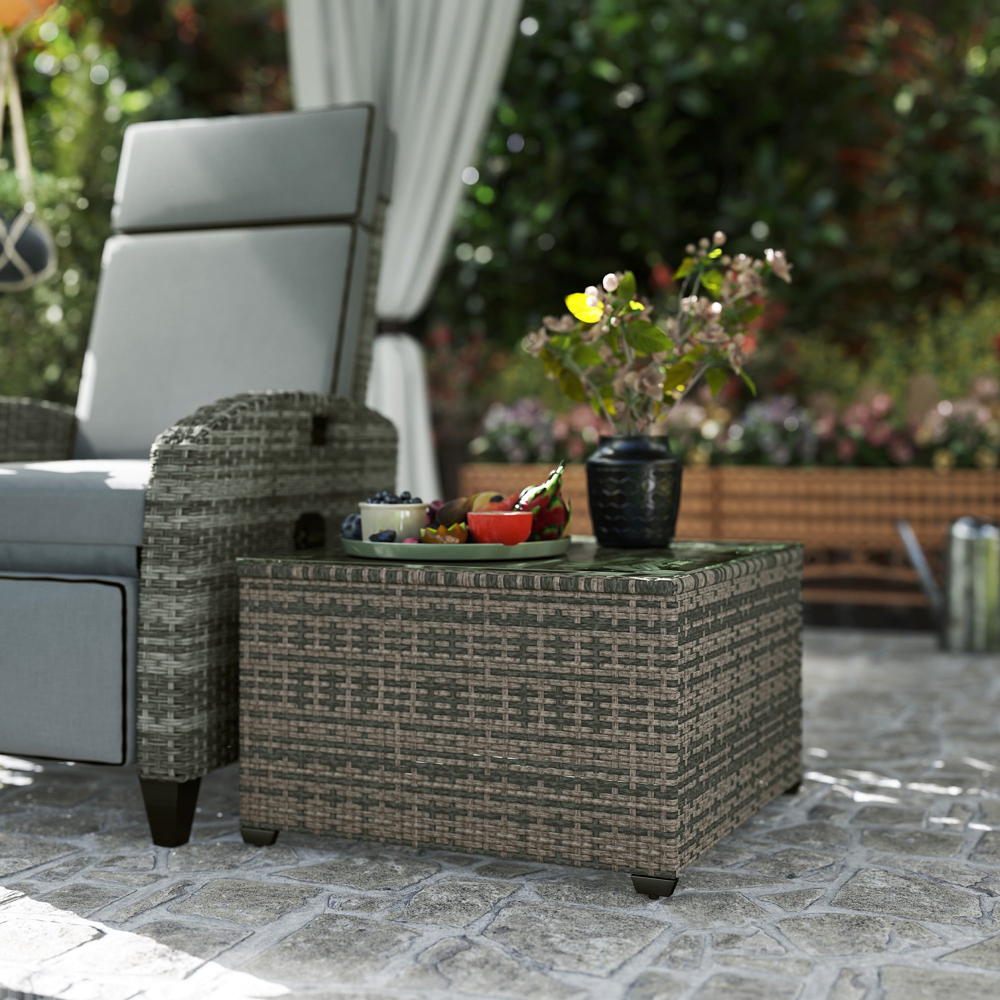 Outsunny 62 x 62cm Glass-Top Rattan Side Table - Light Grey