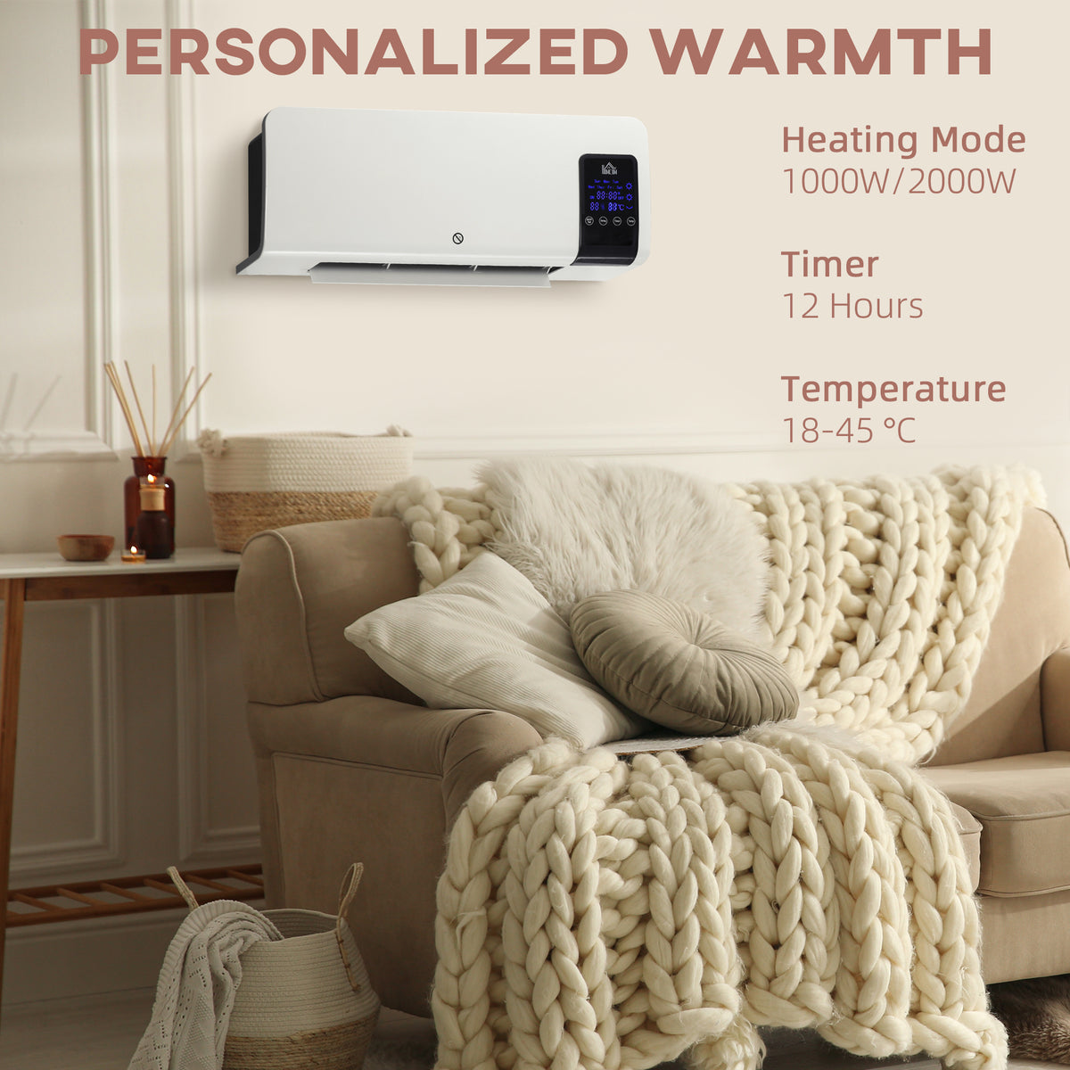 HOMCOM 2kW Wall-Mounted Heater, 18-45°C Temperature - White