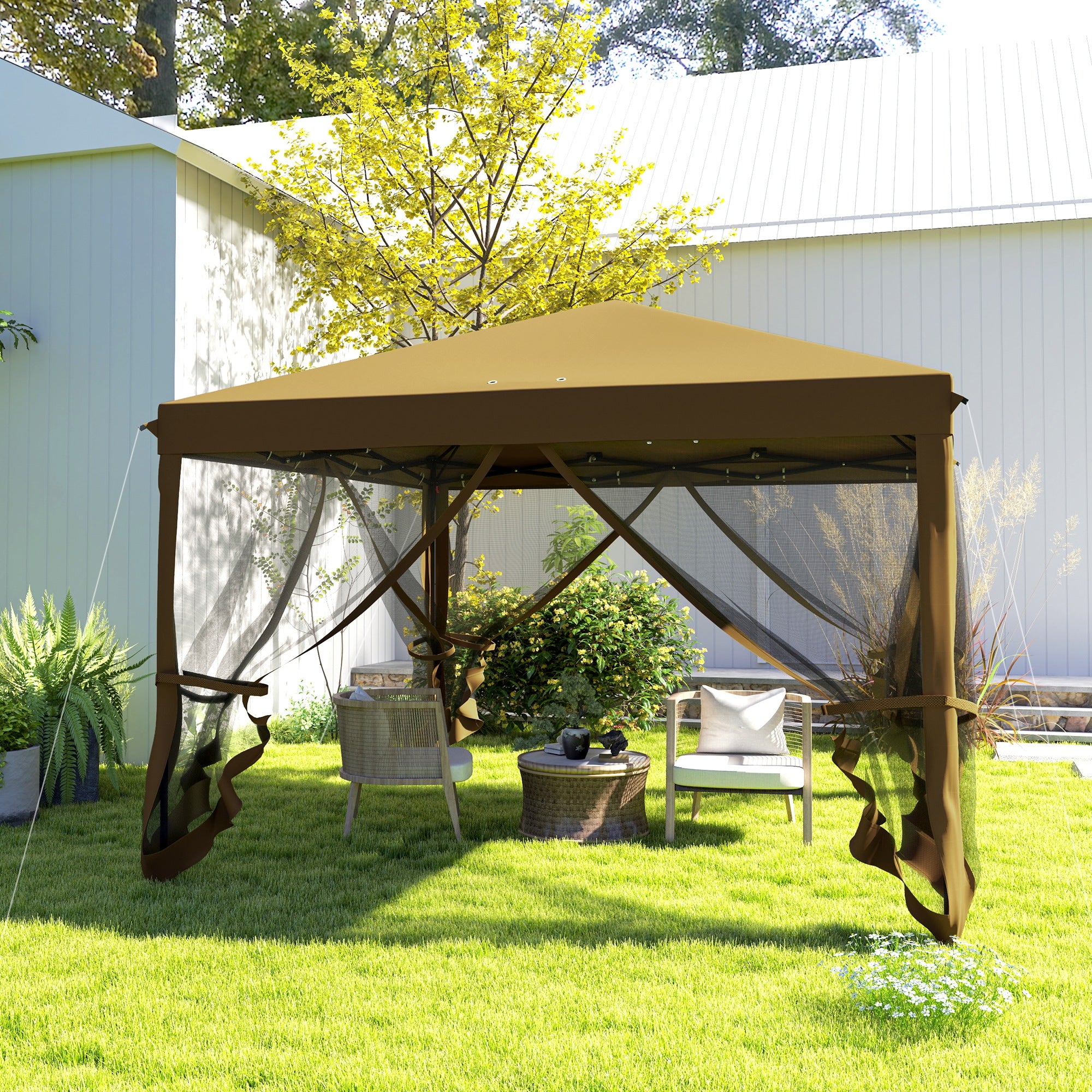 Outsunny 3 x 3\'c2\'a0m Pop Up Gazebo, 420D Garden Tent Canopy with Removable Mesh Sidewall Netting, Carry Bag for Garden Patio Outdoor, Khaki