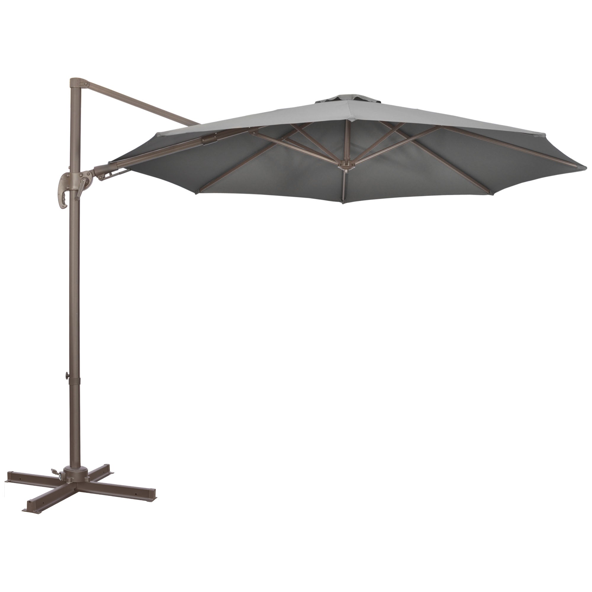 Outsunny 3(m) Cantilever Parasol 360\'c2\'b0 Rotation Roma Umbrella Hanging Sun Shade with Aluminium Frame, Tilt Crank, 8 Ribs and Cross Base, Dark Grey
