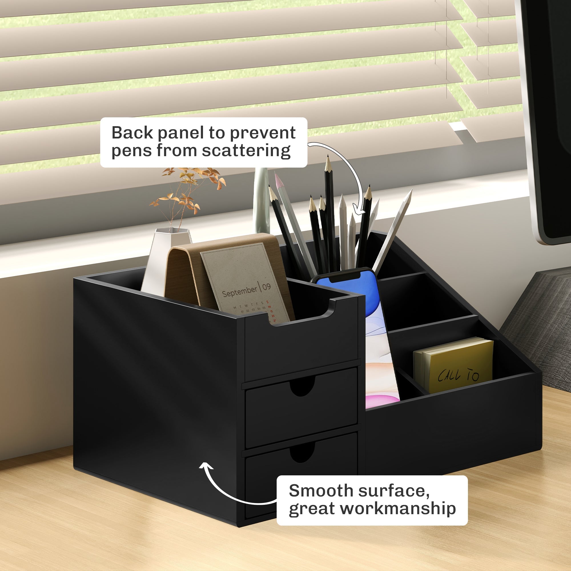 HOMCOM Desk Organiser Holder, Bamboo Multi-Function Storage Caddy with 7 Storage Compartments and 2 Drawers for Home Office Stationary Supplies, Black