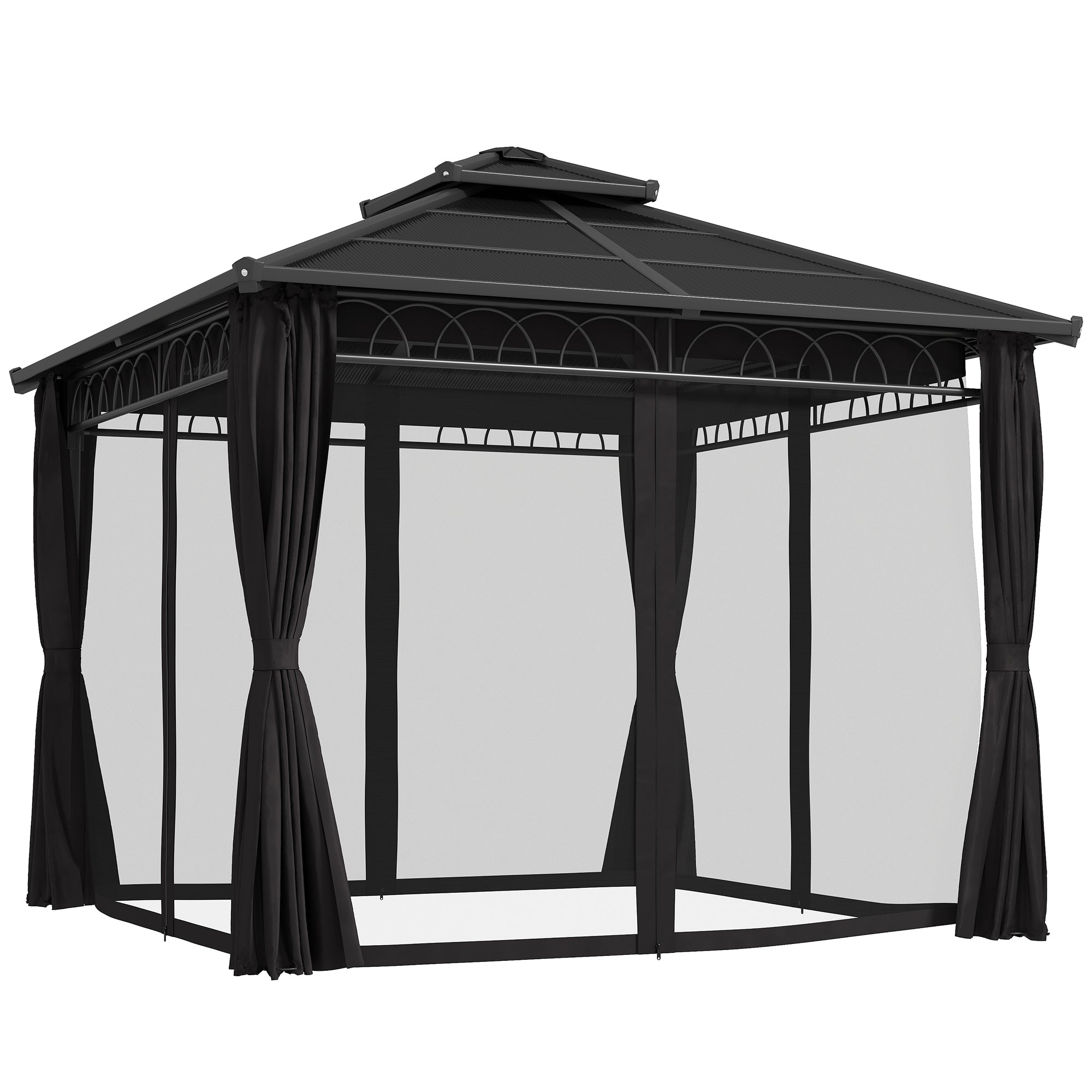 Outsunny 3 x 3 (m) Outdoor Polycarbonate Gazebo, Double\'c2\'a0Roof Hard Top Gazebo with\'c2\'a0Galvanised Steel Frame, Nettings\'c2\'a0&\'c2\'a0Curtains for Garden, Lawn, Patio and Deck, Dark Grey