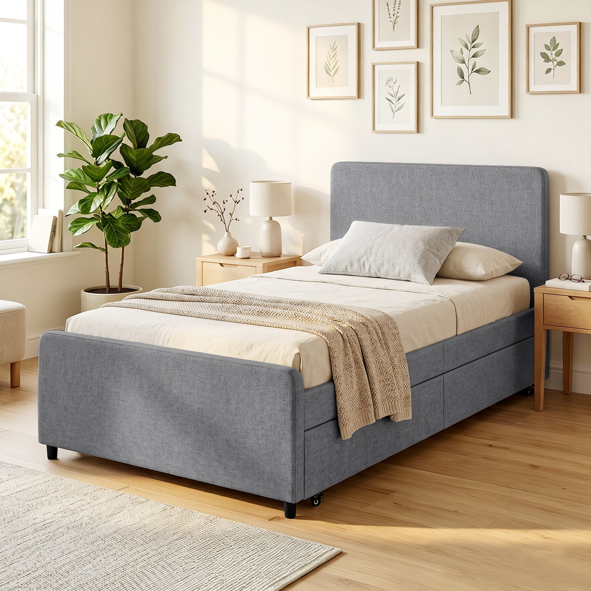 HOMCOM 3ft Single Bed Frame with Trundle, Upholstered Pull Out Trundle Bed with Headboard and Footboard, Dark Grey