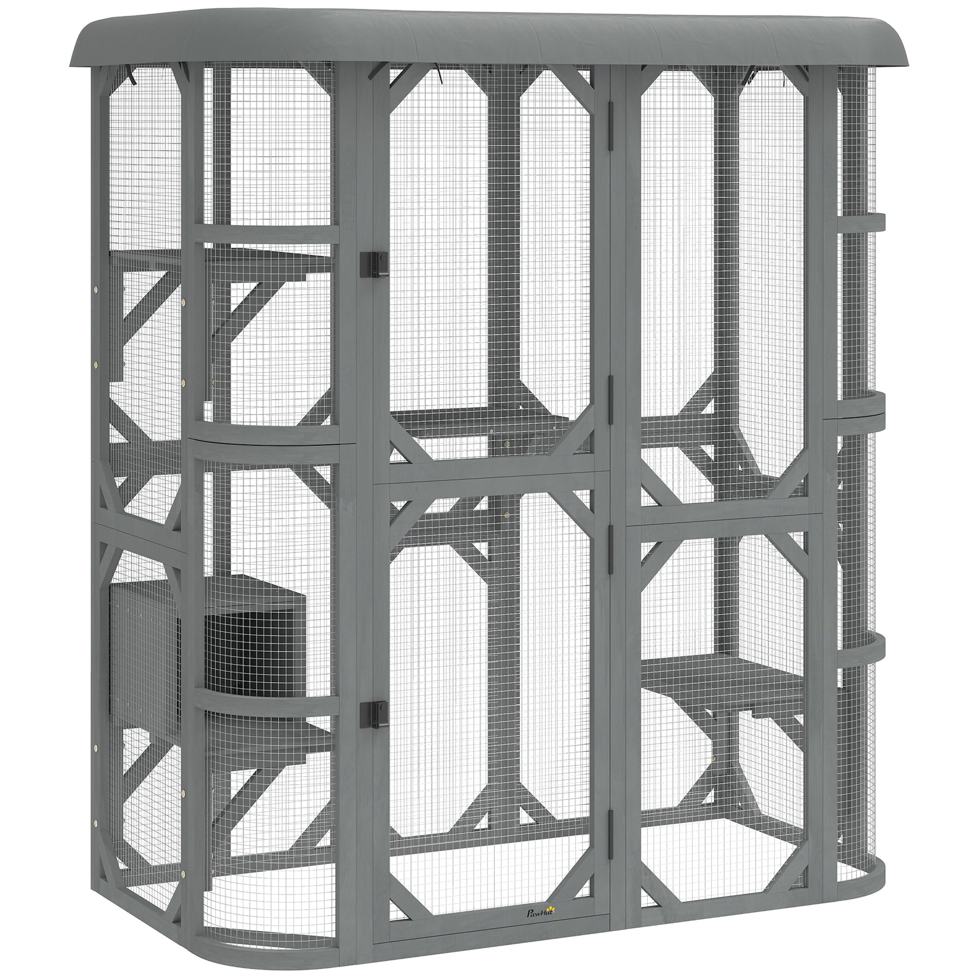 PawHut Catio Outdoor Cat Enclosure, Wooden Cat House with Platforms, Condo and Waterproof Cover for 2–3 Kittens, Grey
