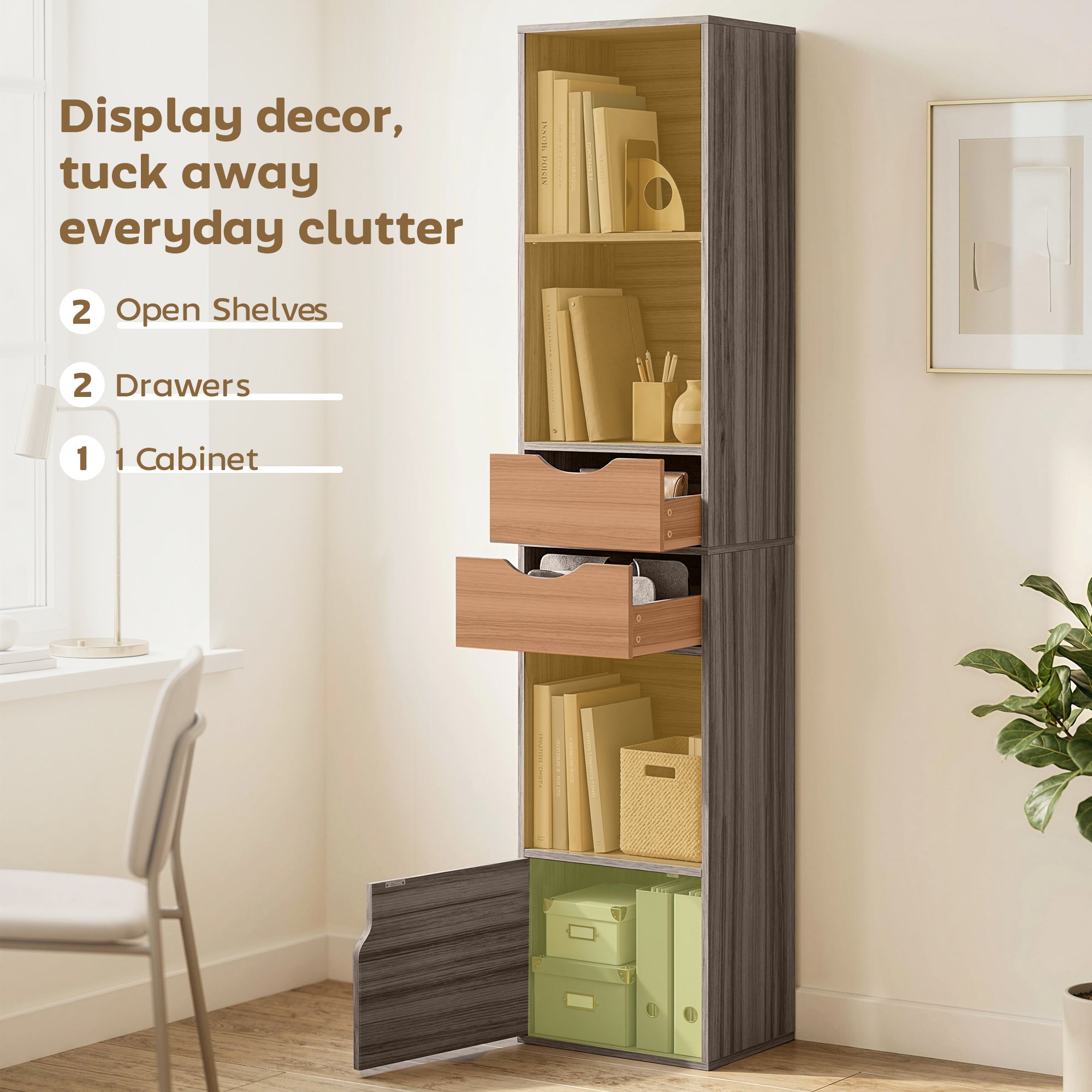 HOMCOM Bookcase with Drawers Adjustable Shelf Bookshelf with 2 Drawers and Cabinet 158 cm Grey