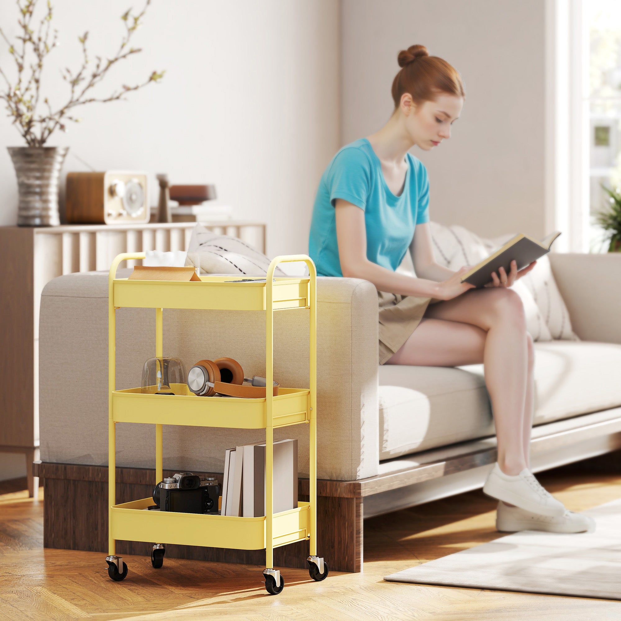 HOMCOM Three-Tier Steel Storage Trolley - Yellow