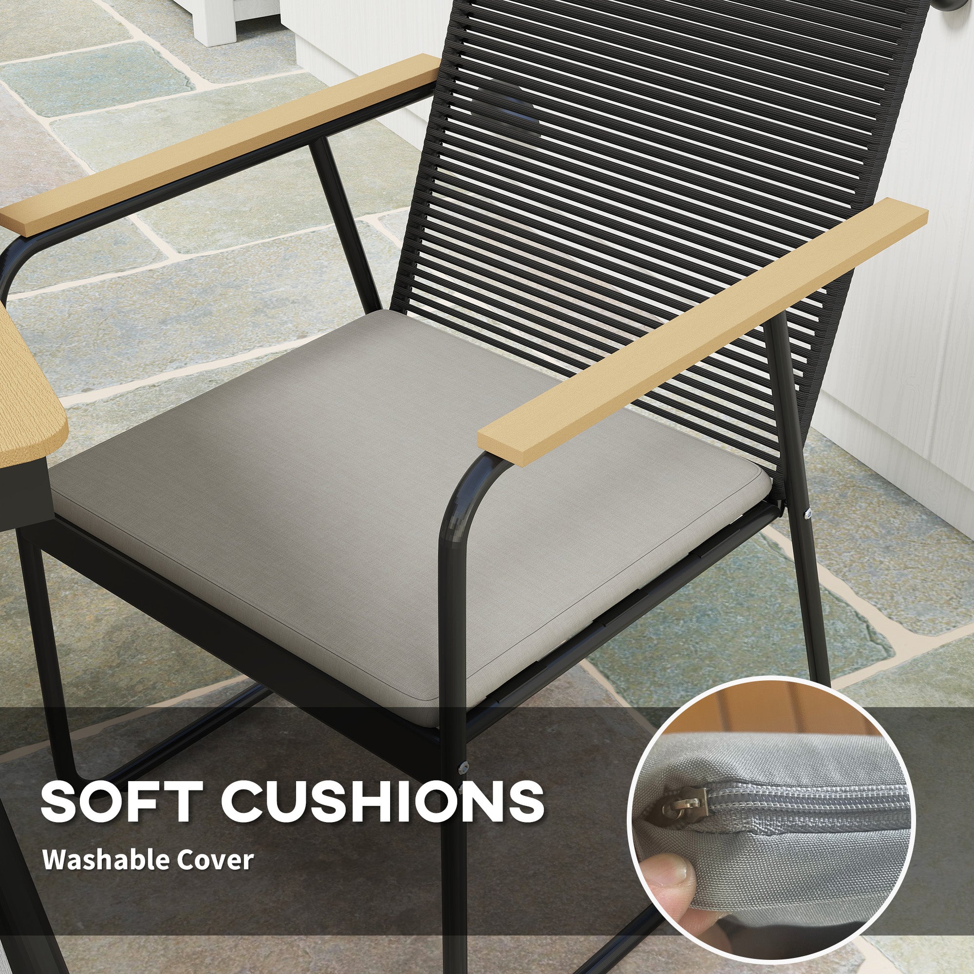 Outsunny 6 Seater Garden Dining Set with Soft Cushions, Rattan Backrest, Rectangular Plastic Top, Garden Furniture Set, Outdoor Dining Table and Chairs for Patio, Balcony, Poolside, Nature Wood Finish