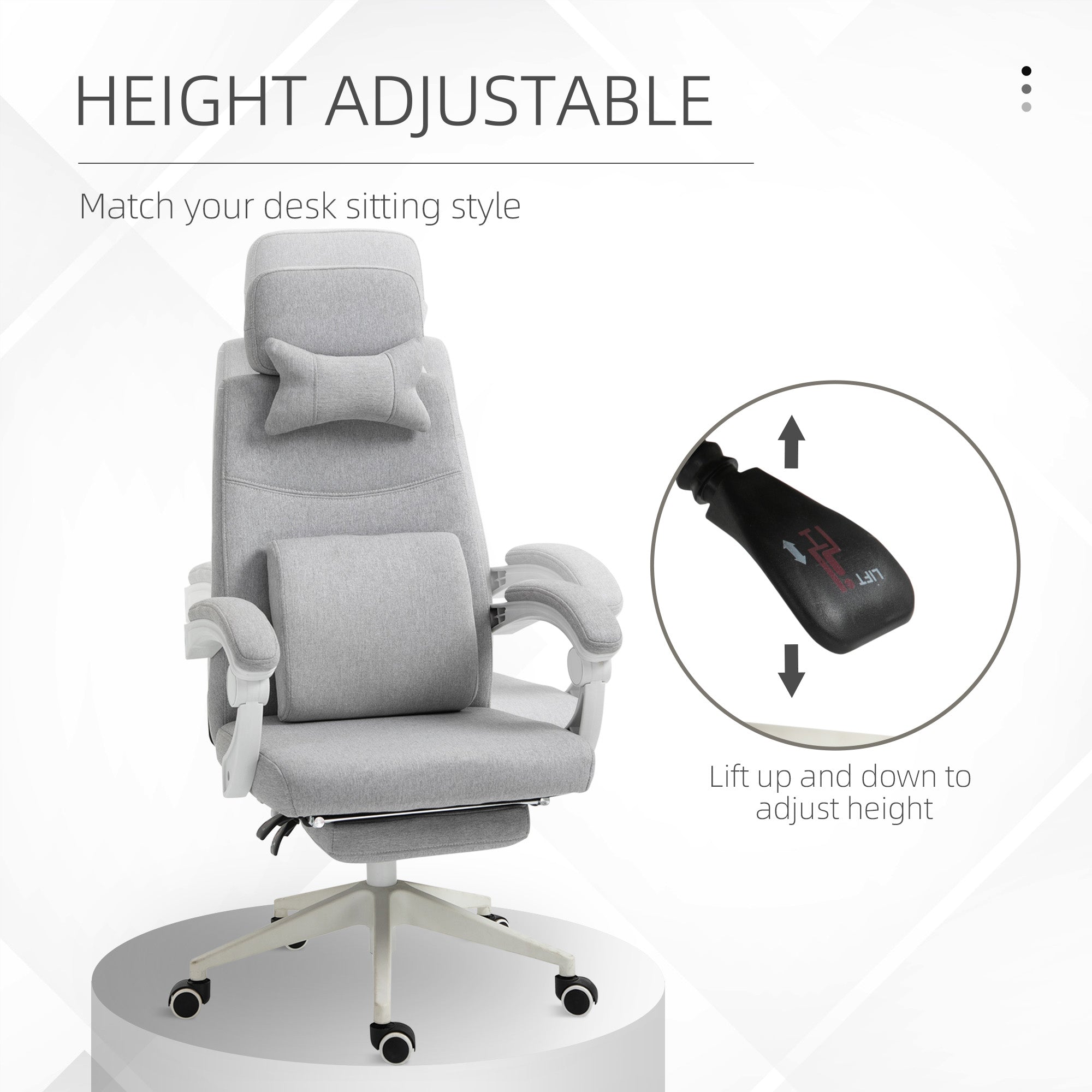 Vinsetto Office Chair, Ergonomic Desk Chair, High Back Fabric Work Chair with 160\'c2\'b0 Reclining Backrest, Retractable Footrest, Neck and Lumbar Pillow for Home and Study, Grey