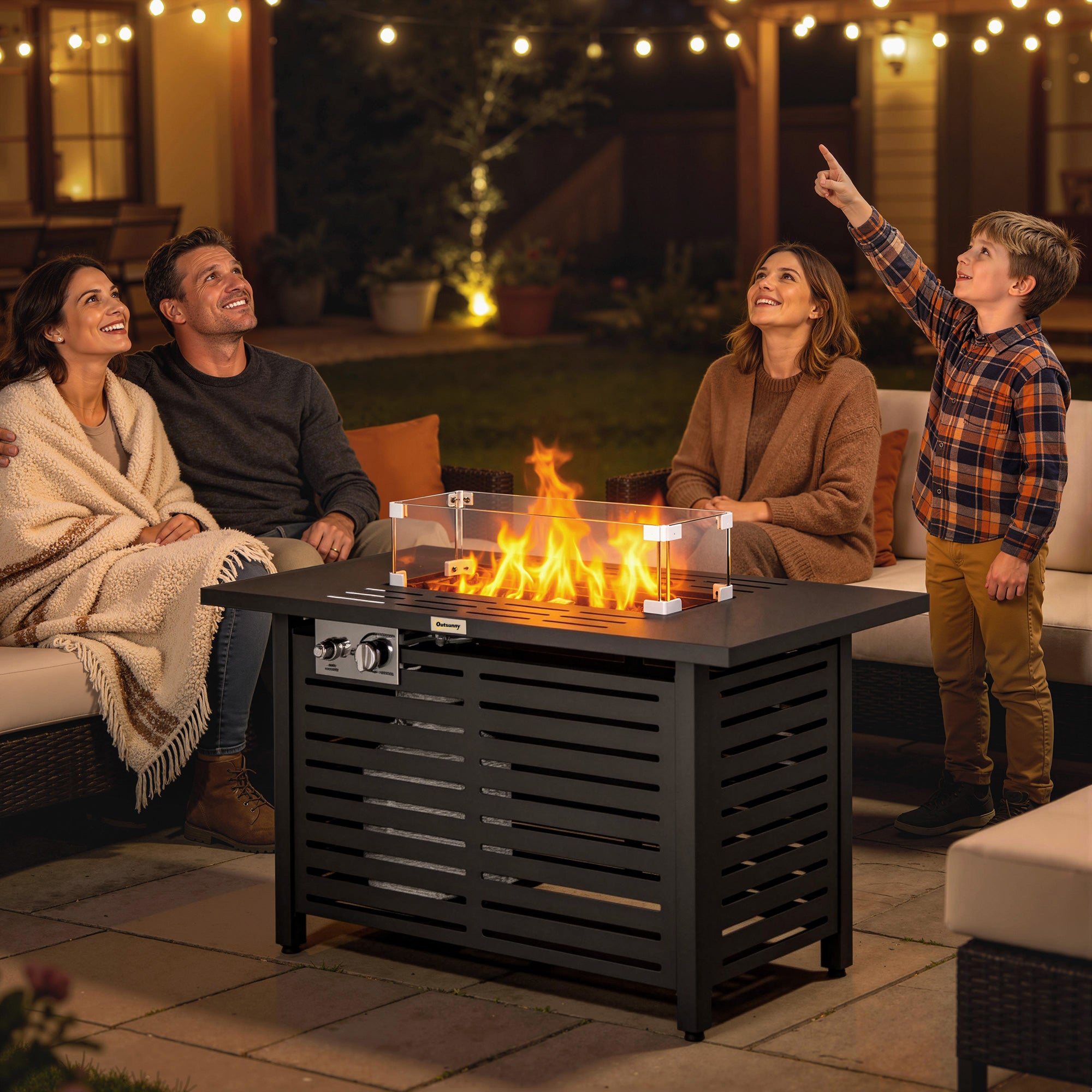 Outsunny Propane Gas Fire Pit Table, Outdoor Firepit with 43" Steel Tabletop and Lid, 50,000 BTU Pulse Ignition Fire Table w/ Stainless Steel Burner, Glass Wind Guard, and Cover