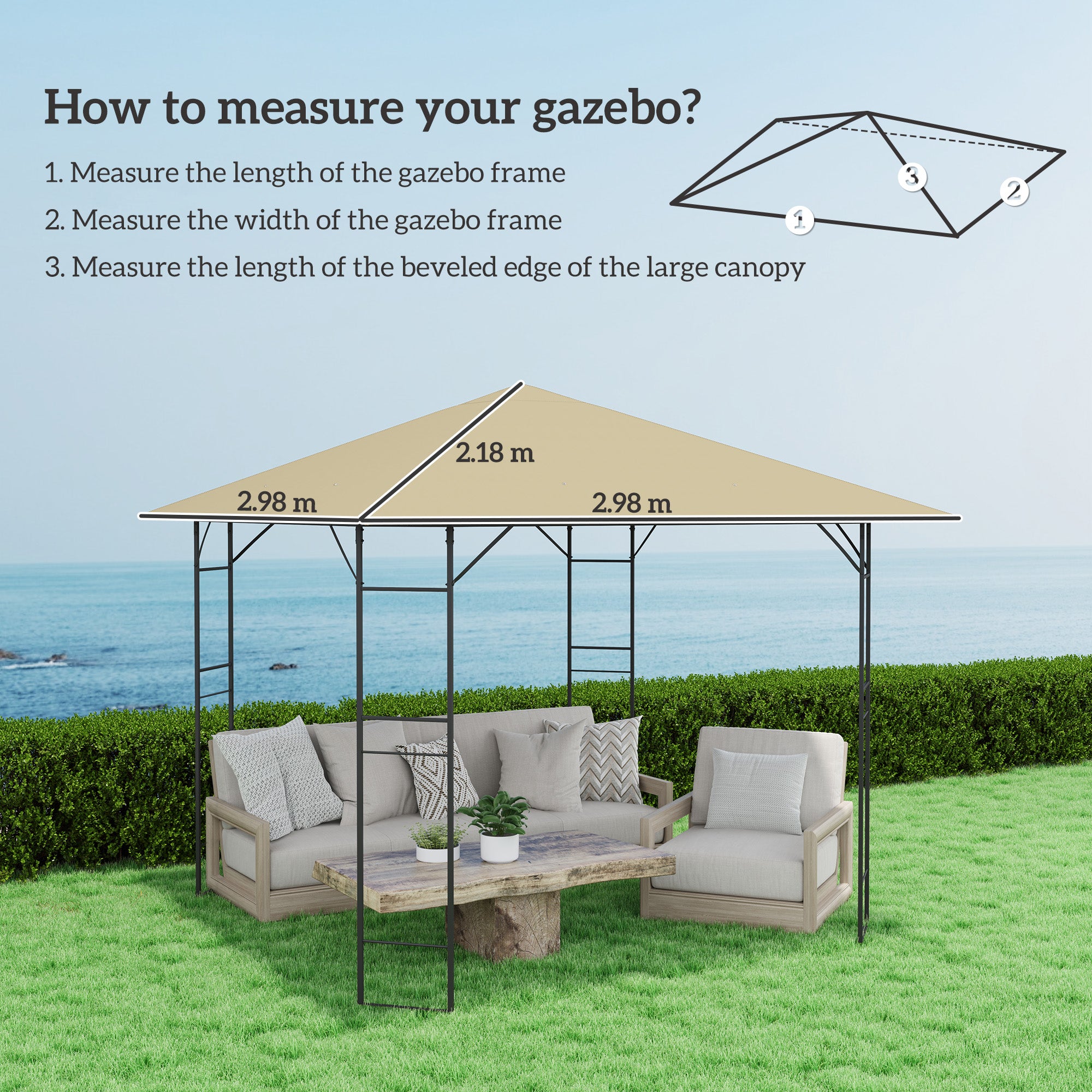 Outsunny 3 x 3(m) Gazebo Canopy Replacement Cover, Garden Gazebo Roof Replacement with Drain Holes, Water Resistant PVC Coating, 370g/\'e3\'8e\'a1, UPF30+, TOP COVER ONLY, Beige