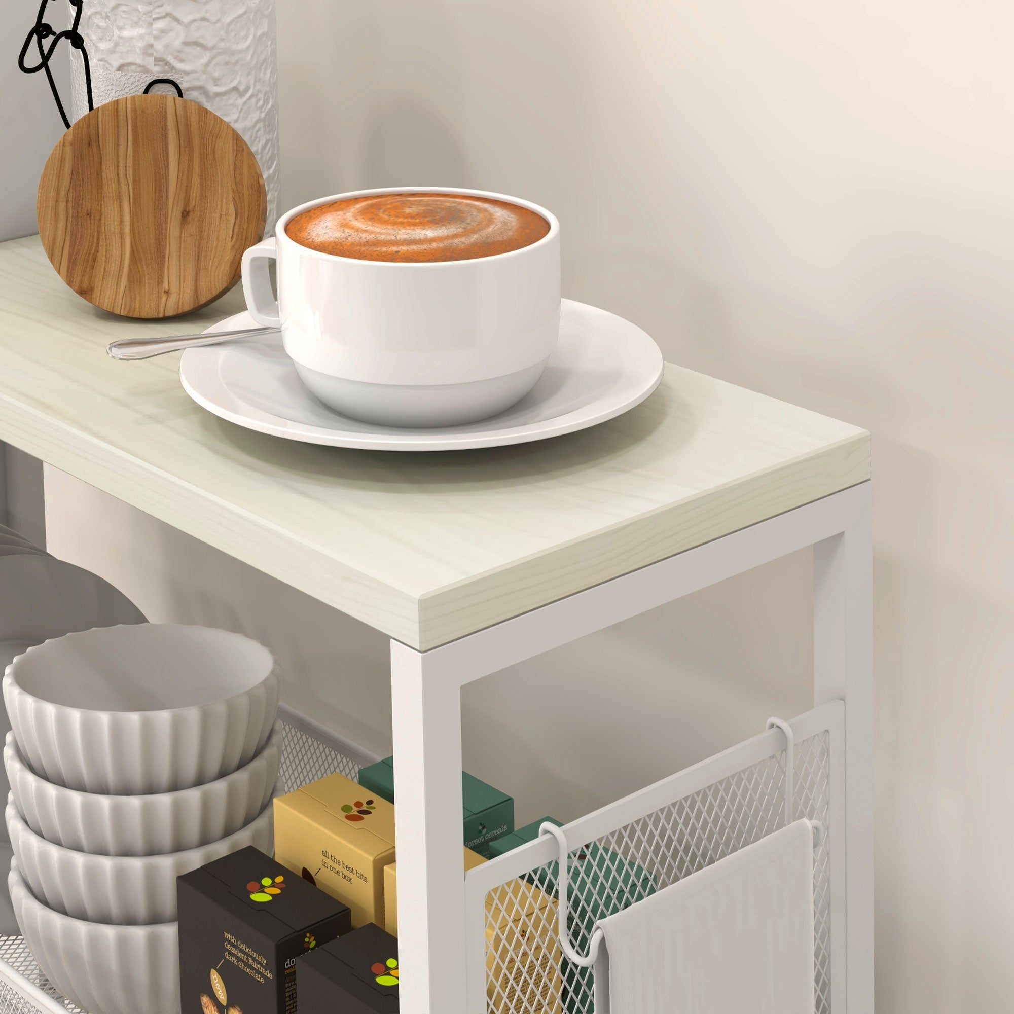 HOMCOM 3-Tier Kitchen Cart with 3 Steel Wire Baskets - White