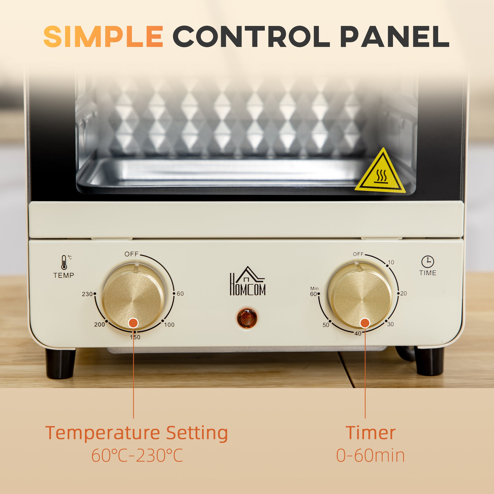 HOMCOM Mini Oven, 15 Litres Electric Oven and Grill with 60-230\'e2\'84\'83 Adjustable Temperature, 60 Minute Timer, Include Baking Tray, Wire Rack and Crumb Tray, 1000W, Cream White