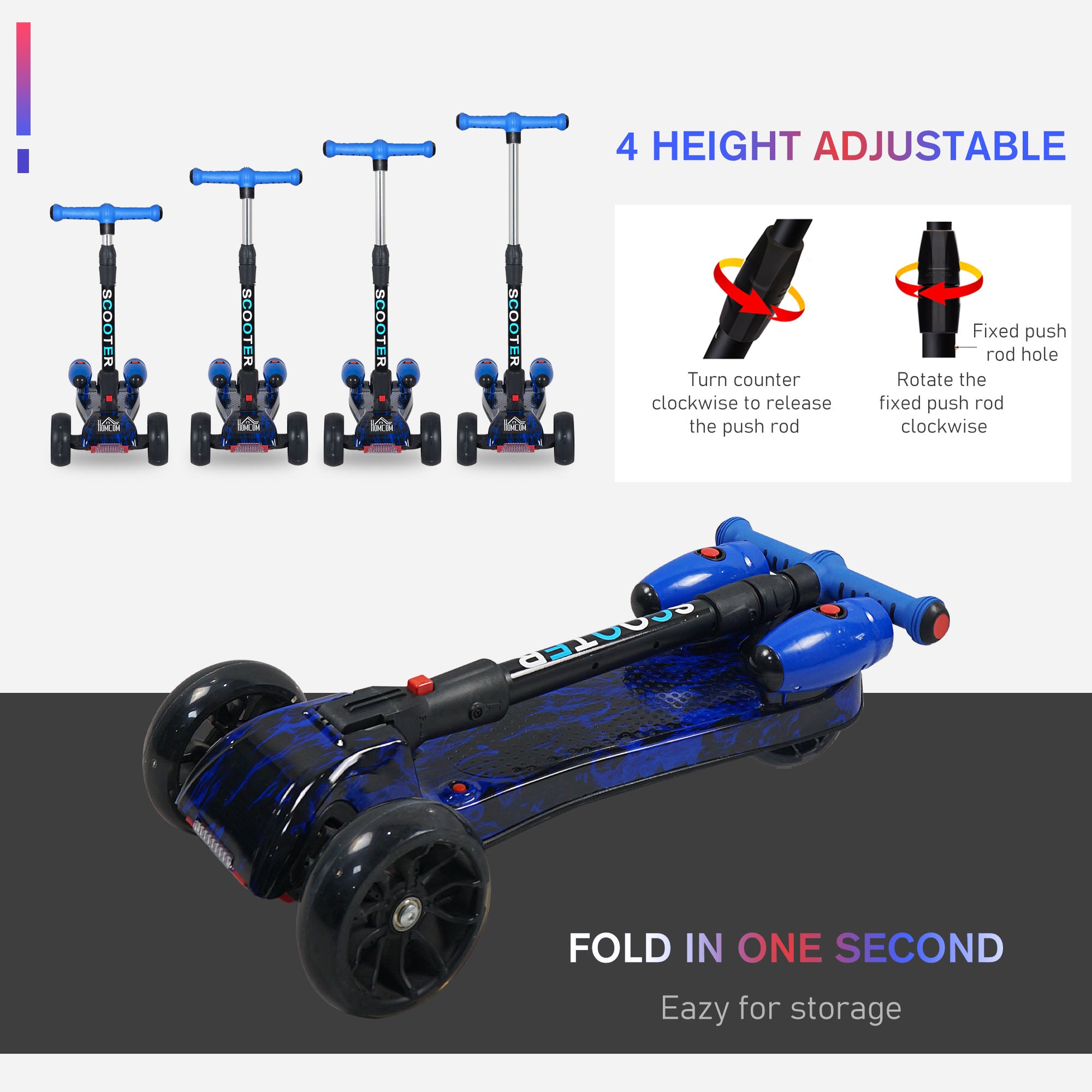 HOMCOM Kids Scooter, 3 Wheel Foldable Kick Scooter Adjustable Height w/ Flashing Wheels, Music, Water Spray for 3-6 Years, Blue