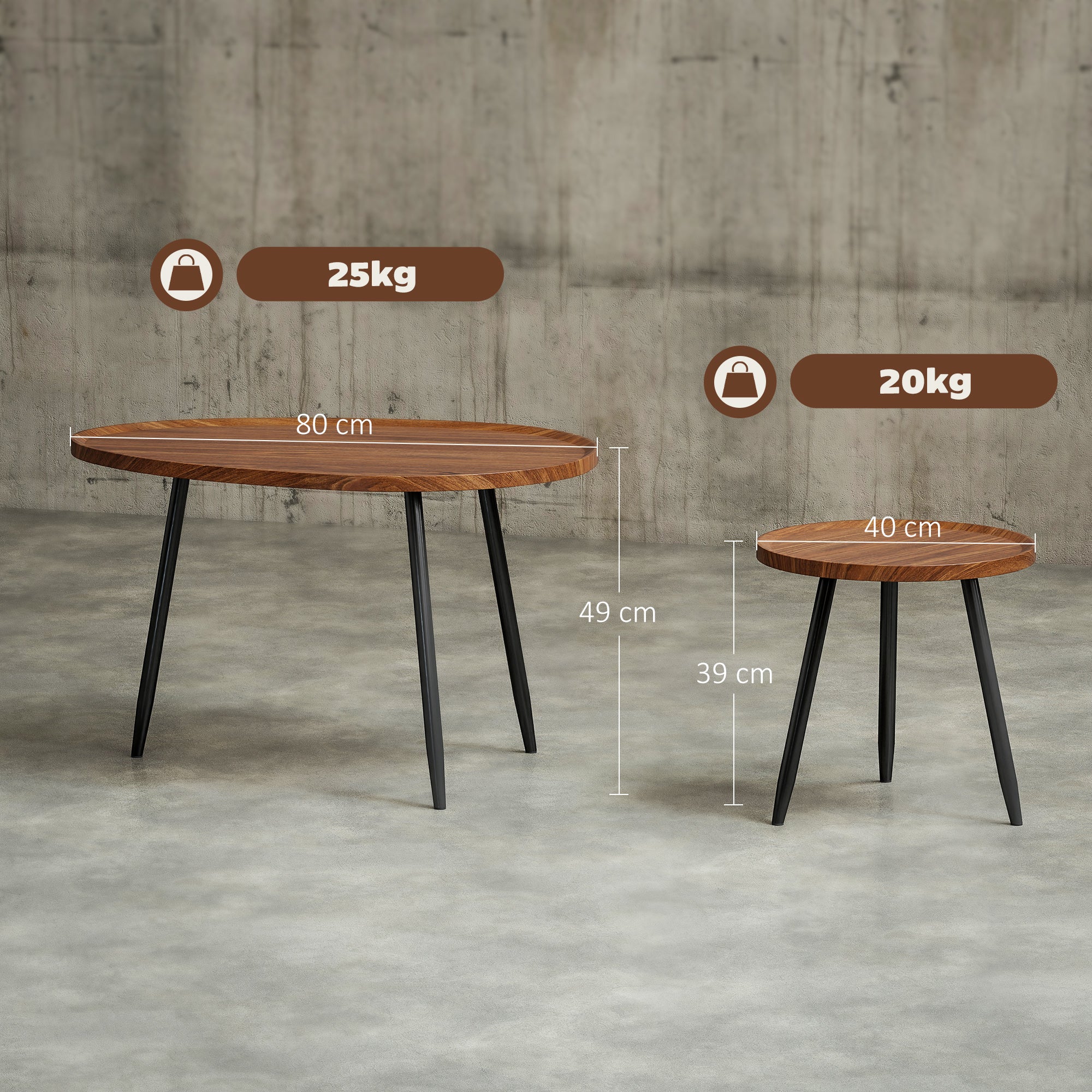 HOMCOM Nesting Coffee Table Set of 2, 80cm Modern Stacking End Side Table with Metal Legs for Living Room Bedroom Office, Chestnut Wood Effect