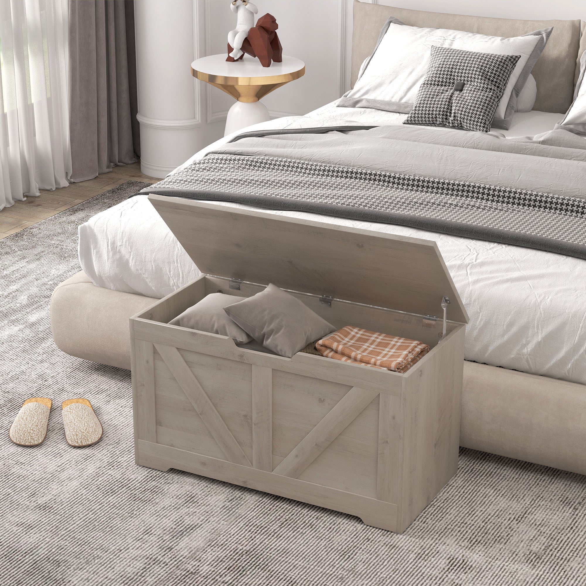 HOMCOM 100L Home Storage Box, with Safety Hinges - Grey Wood-Effect