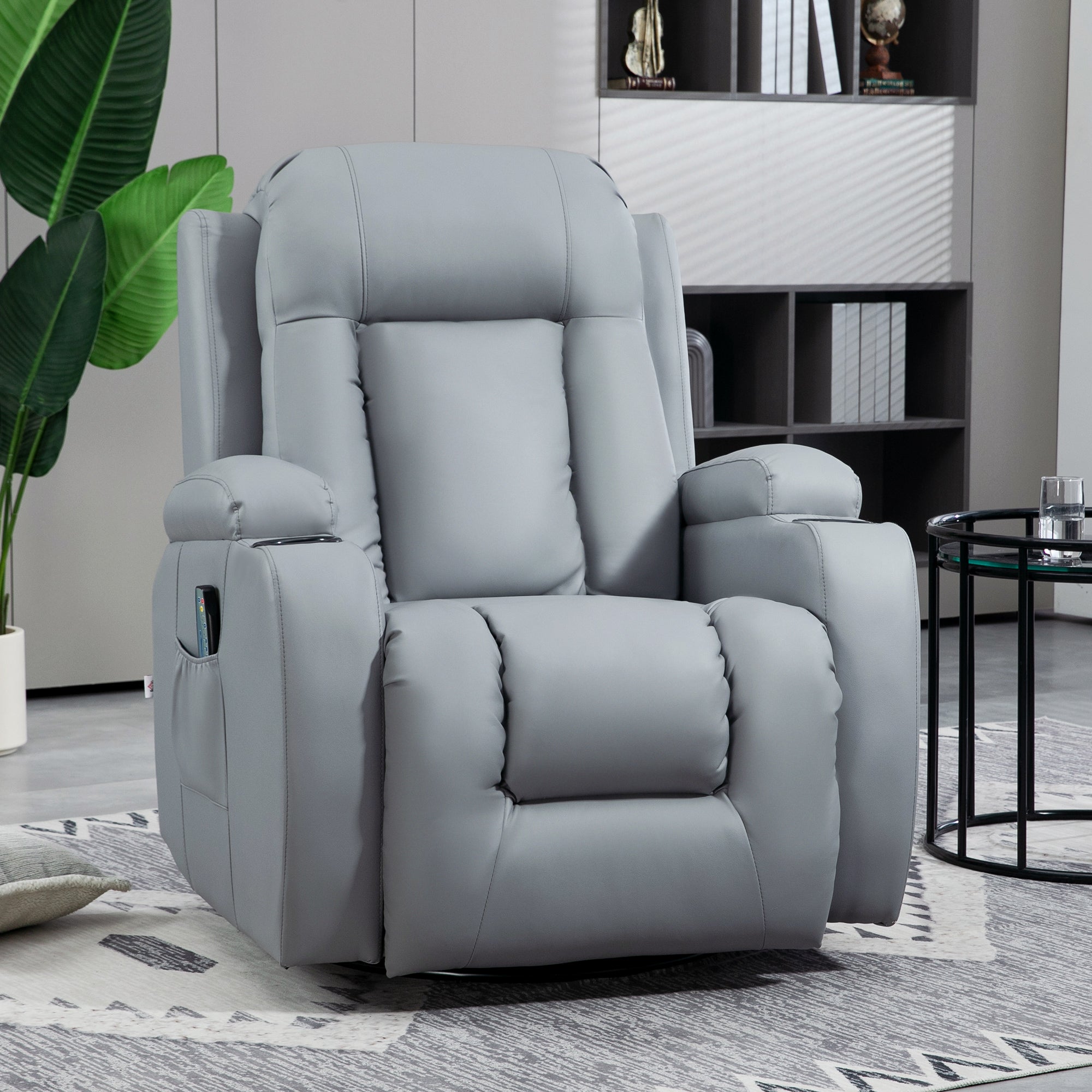 HOMCOM Massage Recliner Chair with 8 Vibration & Heat, PU Leather Recliner Armchair with Cup Holders and Side Pockets, Manual Reclining Chair with Remote, 360\'c2\'b0 Swivel, Rocking, Light Grey