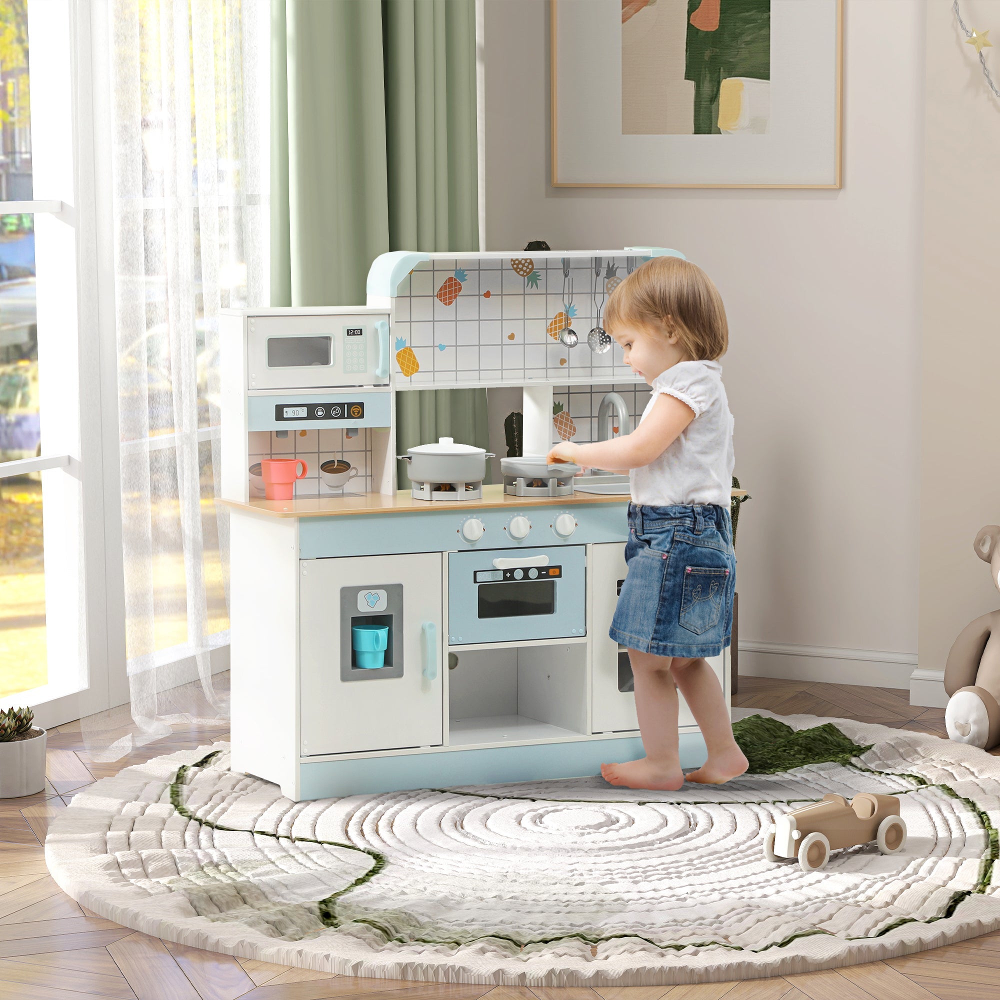 AIYAPLAY Toy Kitchen, Pretend Role Play Kitchen with Hob, Sound and Light, Coffee Machine, Ice Maker, Microwave