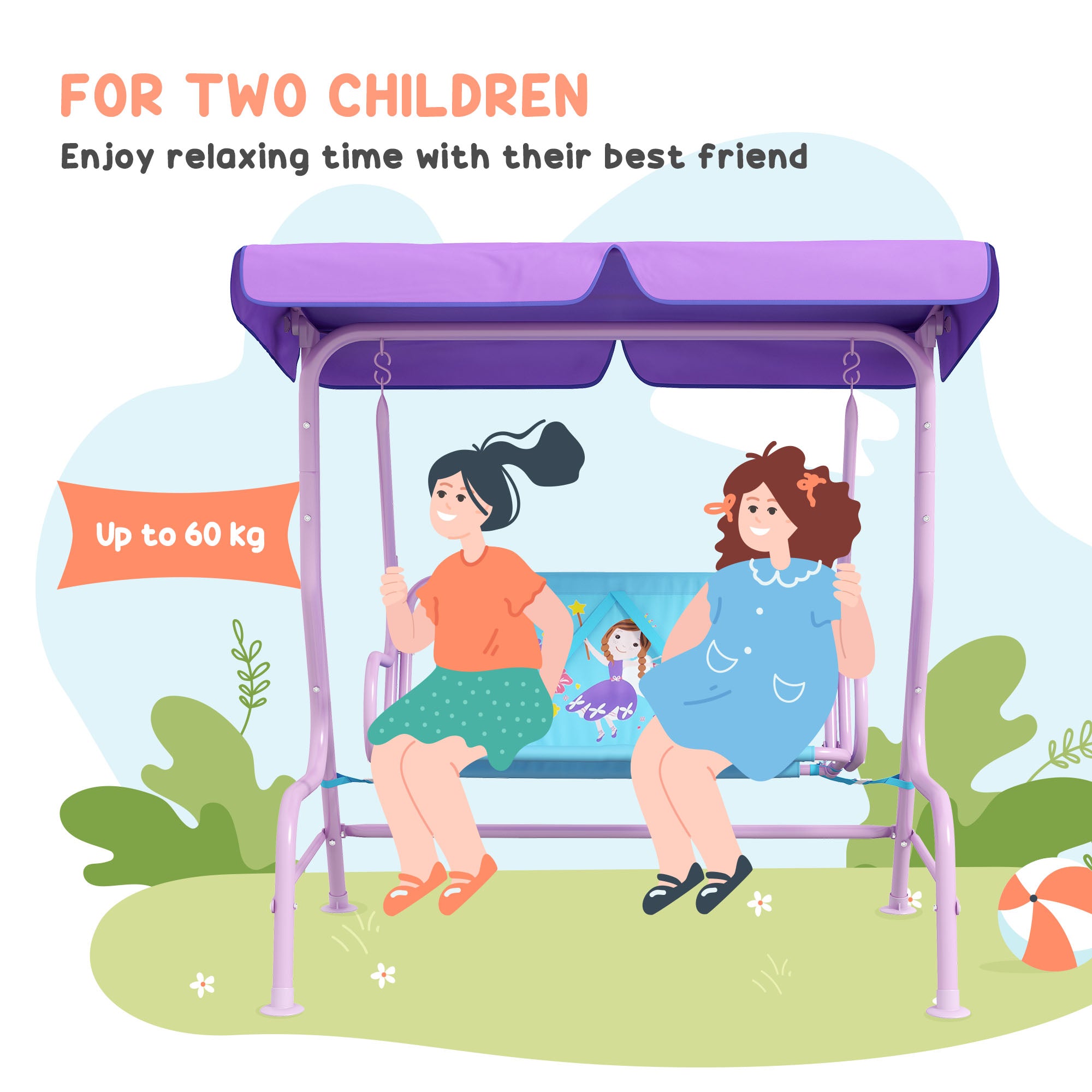 Outsunny Two Seater Kids Garden Swing, Fairy Themed kids Swing Chair with Adjustable Canopy, Safety Belts for Outdoor Use