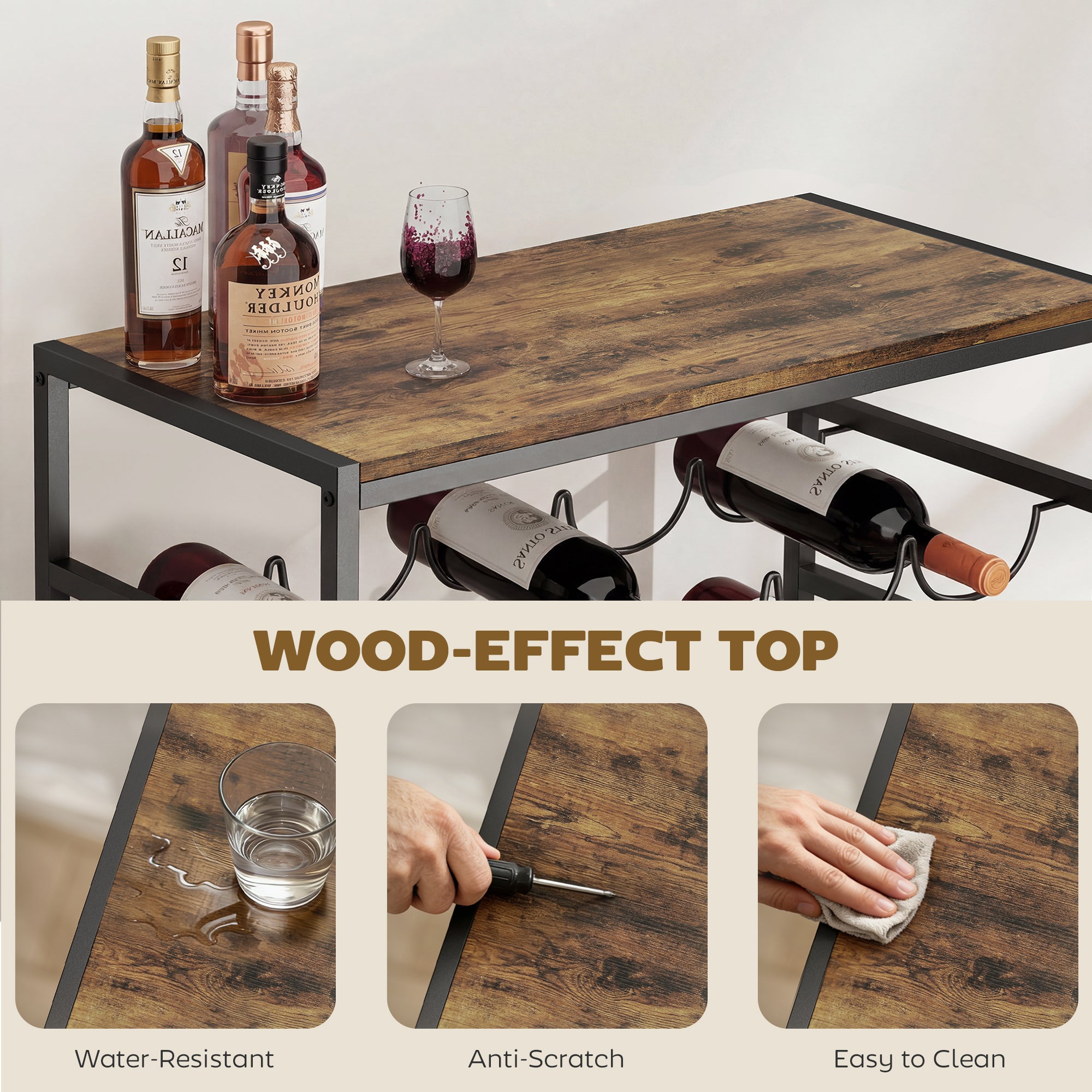 HOMCOM 30 Bottles Wine Rack, 6 Tier Free Standing Wine Storage Holder with Wood Effect Tabletop, Rustic Brown