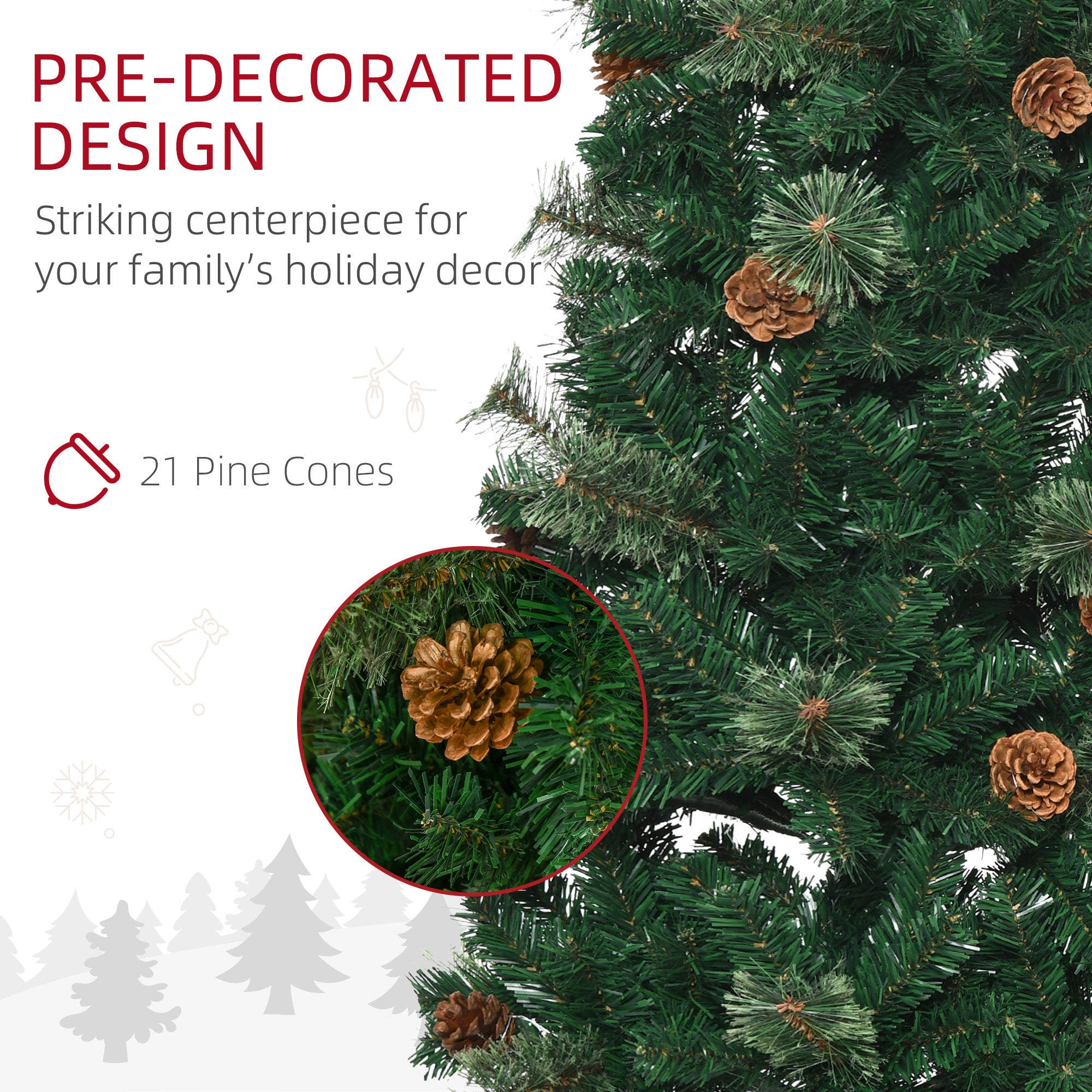 HOMCOM 5.5FT Tall\'c2\'a0Pencil Slim Artificial Christmas Tree with\'c2\'a0Realistic\'c2\'a0Branches, Tip Count and Pine Cones, Pine Needles Tree, Xmas\'c2\'a0Decoration, Green