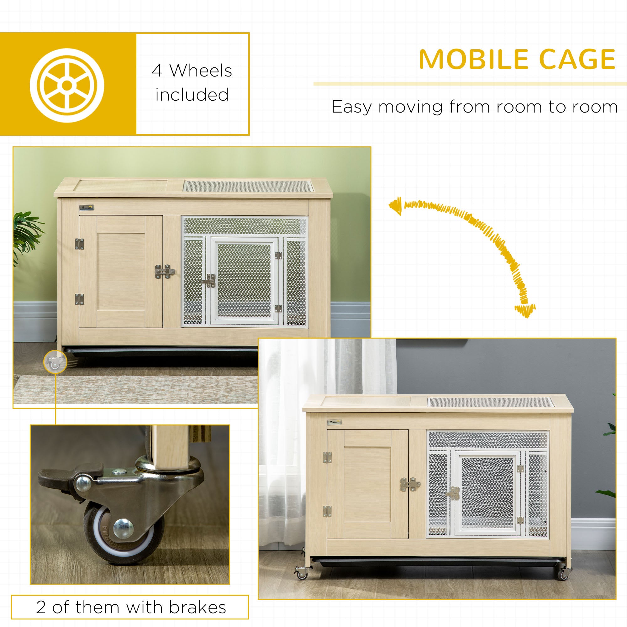 PawHut Rabbit Hutch, with Wheels, Removable Tray, Openable Roof, for 1-2 Rabbits - Oak Tone
