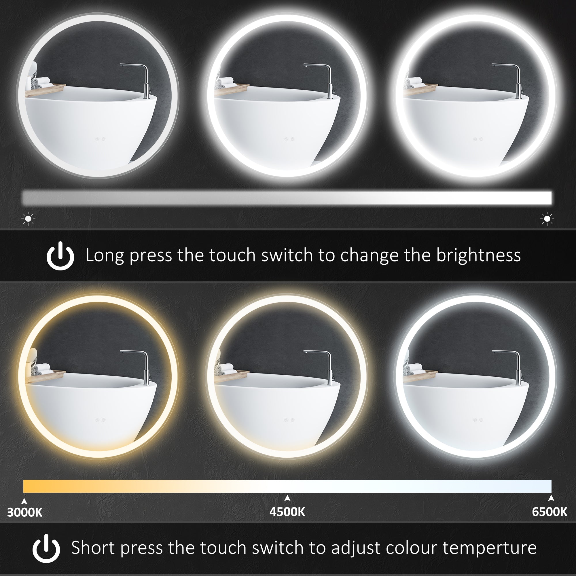 kleankin Round Bathroom Mirror with LED Lights, Wall Mount Dimmable Makeup Mirror with 3 Temperature Colours, Defogging Film and Memory Function, Frameless, Hardwired, 70 x 70\'c2\'a0cm