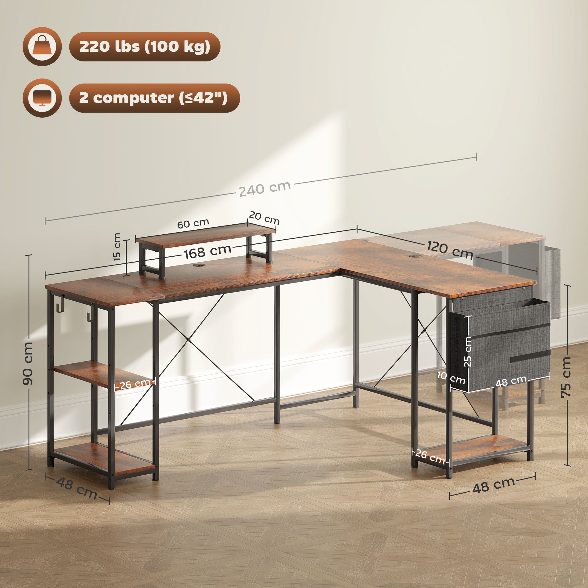HOMCOM 168cm Reversible L Shaped Desk, Industrial Corner Computer Desk with Adjustable Shelf and Storage Bag, 240cm 2 Person Desk with Monitor Stand, Rustic Brown
