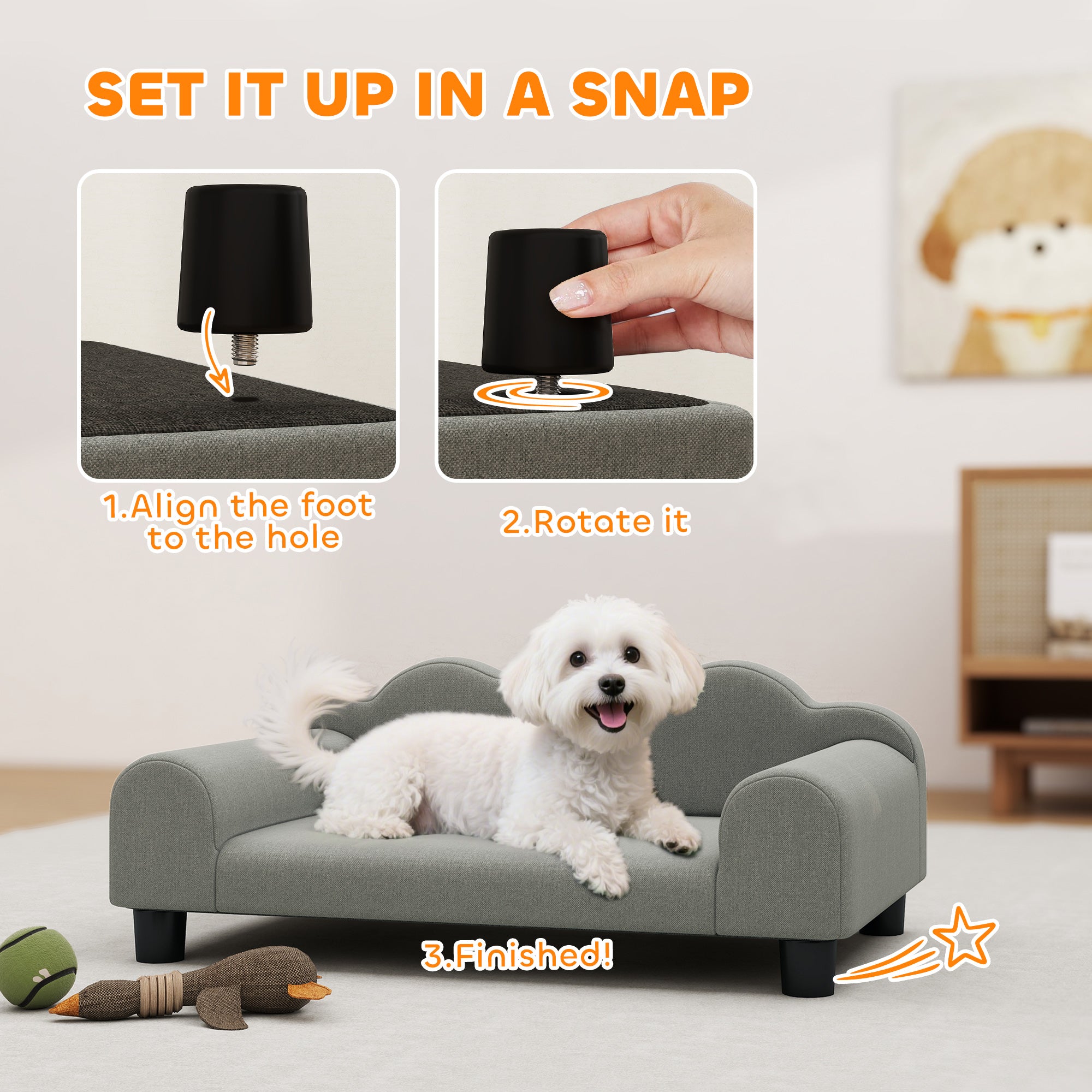 PawHut Elevated Dog Sofa Bed, Breathable Pet Sofa with Backrest and Armrest for Small Dogs, Grey