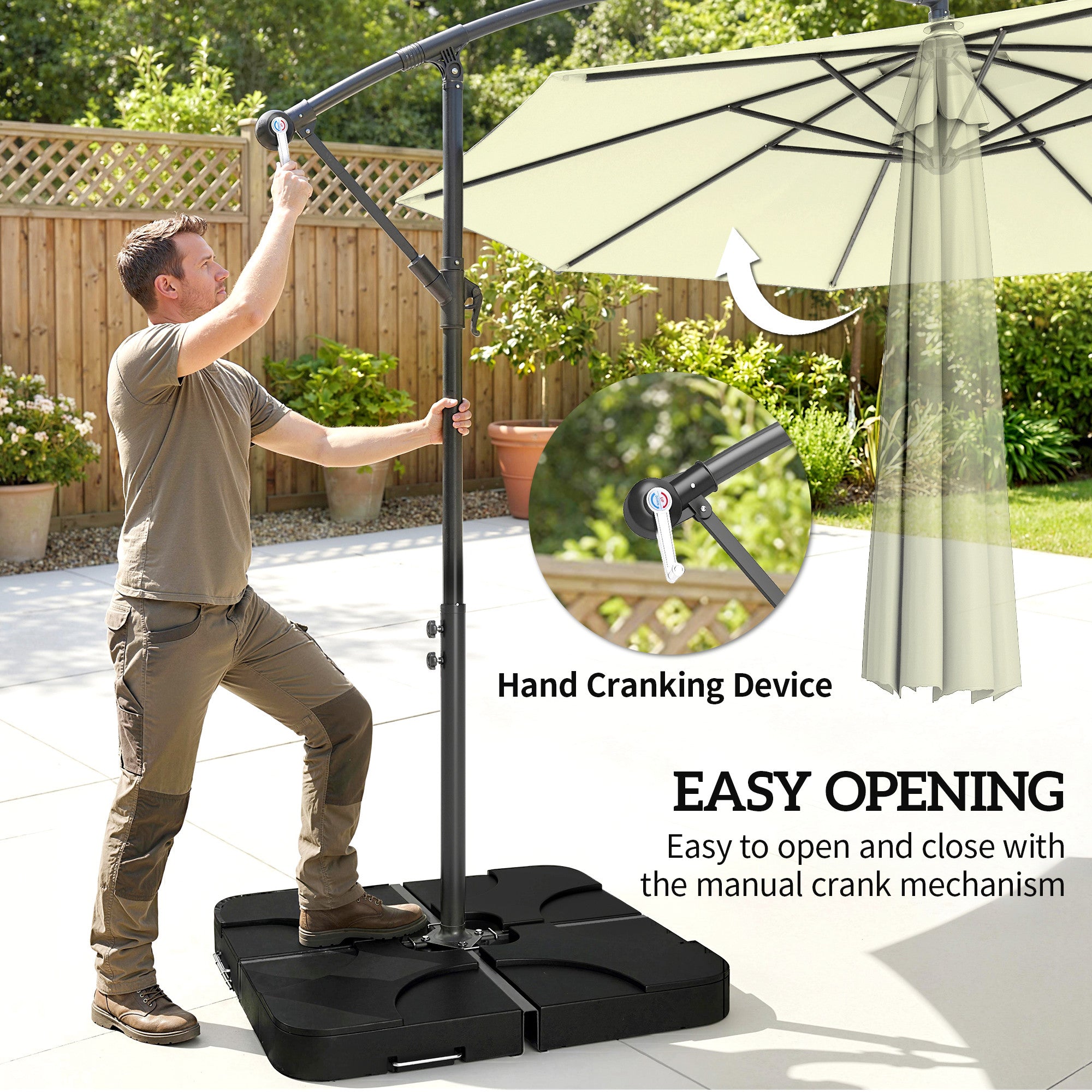Outsunny 3m Overhanging Parasol, with Base, Weights and Cover - Beige