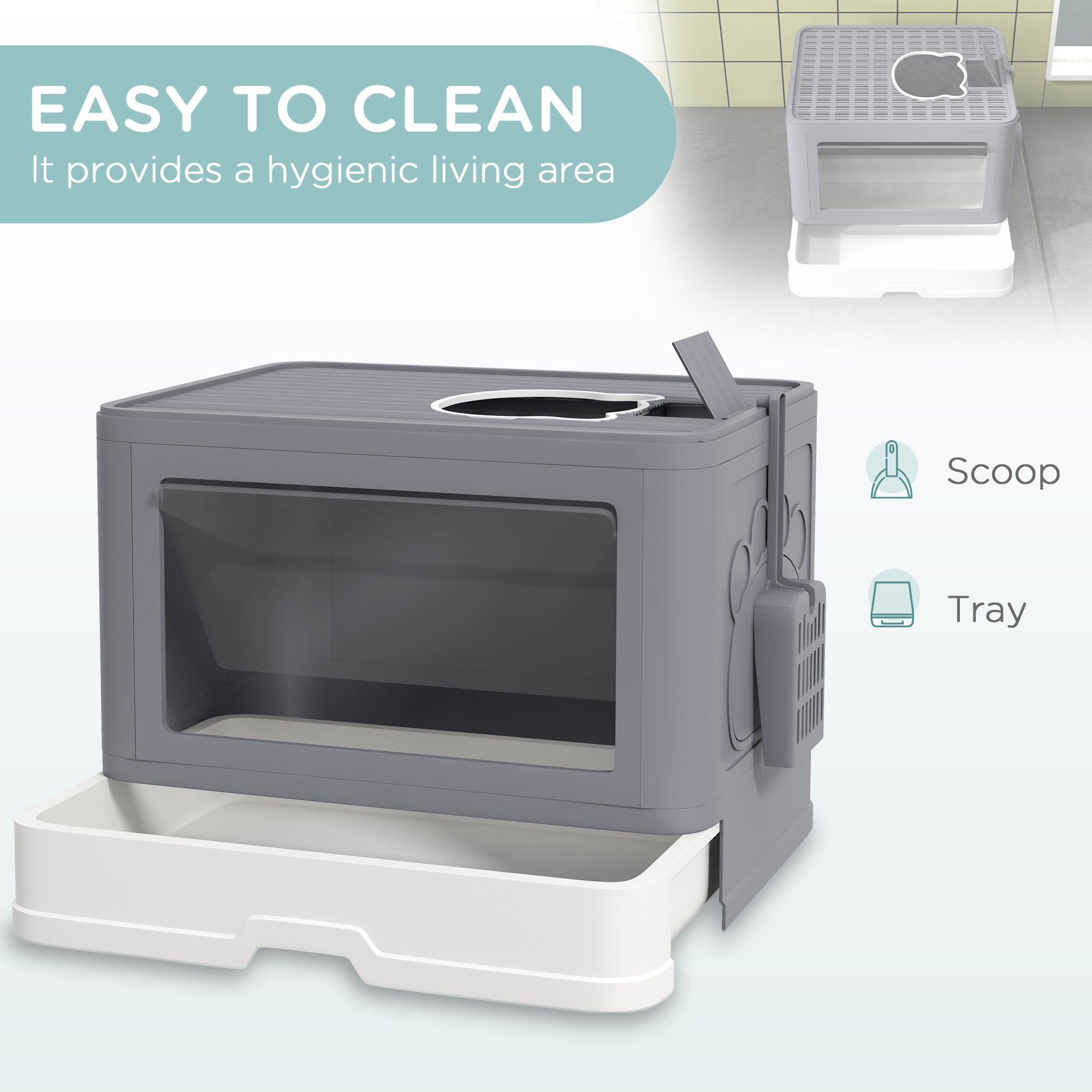 PawHut Enclosed Cat Litter Box with lid, Front Entry, Top Exit, Drawer, Tray, Scoop, Brush, 48.5 x 38 x 36.5cm - Grey