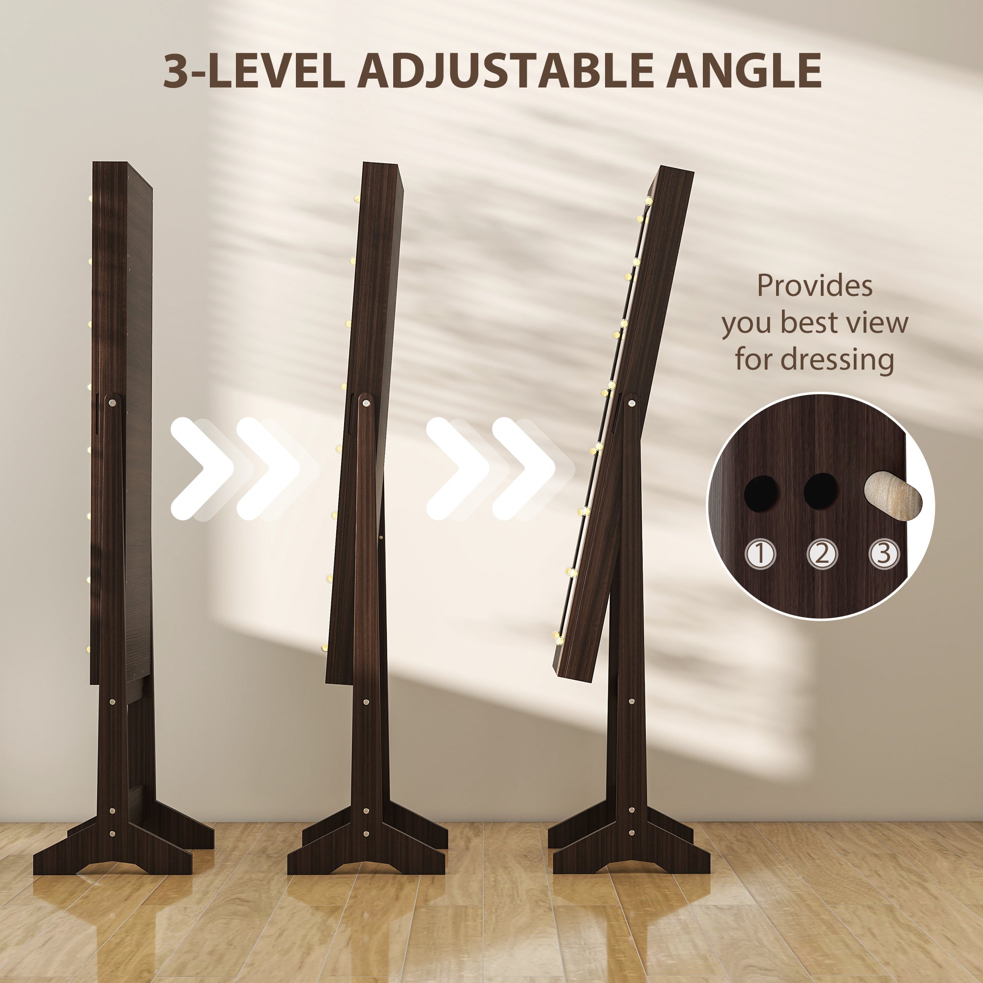 HOMCOM Free Standing Mirror Jewelry Cabinet with LED Lights, Jewellery Organiser with 3 Angle Adjustable, Full-Length Mirror with Storage for Earrings, Necklaces, Rings and Lipsticks, Dark Brown