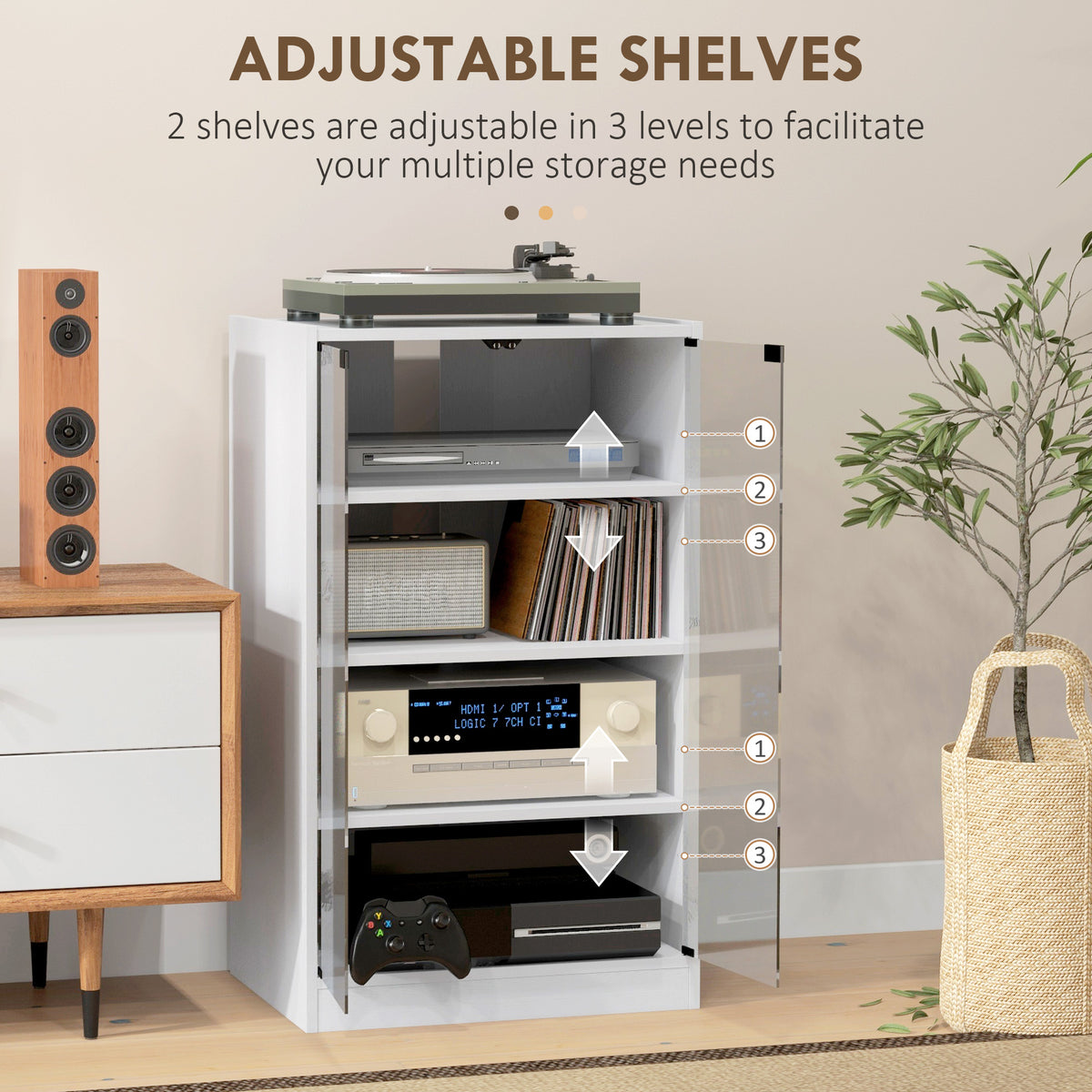 HOMCOM 4-Tier Hi-Fi Stand, Record Player Stand with Adjustable Shelves and Push-to-Open Glass Doors, White Wood-Effect