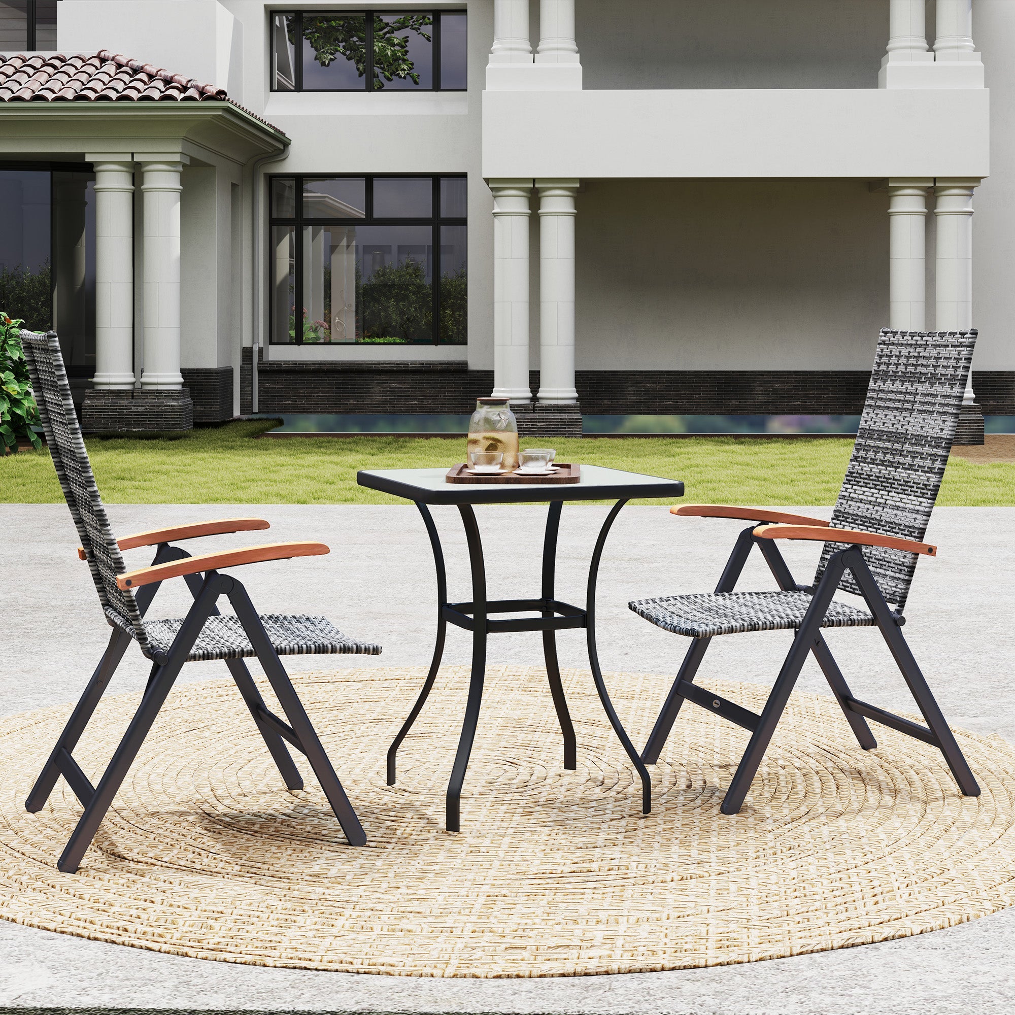 Outsunny 2 Pieces Outdoor Foldable Dining Chair with Armrests, High Backrest, for Garden, Camping, Balcony, Light Grey