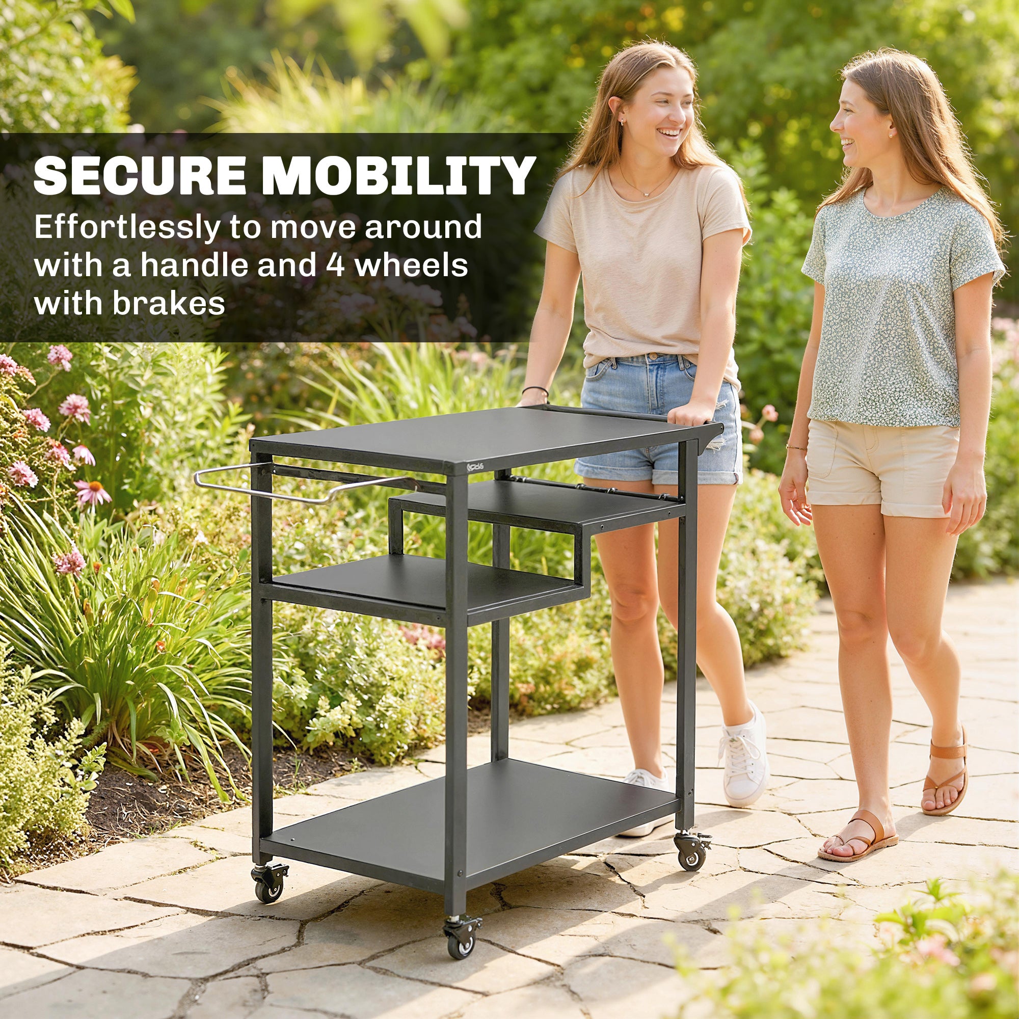Outsunny Outdoor Grill Cart, Three-Tier Pizza Oven Stand with Steel Tabletop, Hooks, Rubbish Bag Holder, Wheels, Black